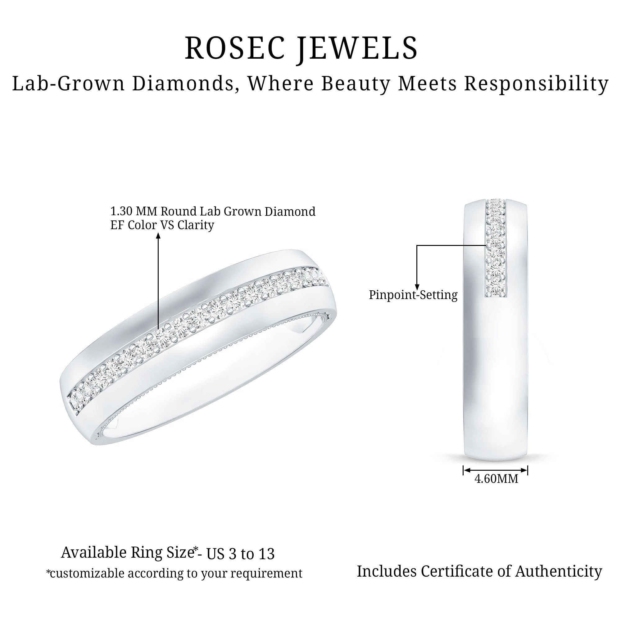 Certified Lab Grown Diamond Mens Wedding Band Lab - ( EF-VS ) - Rosec Jewels