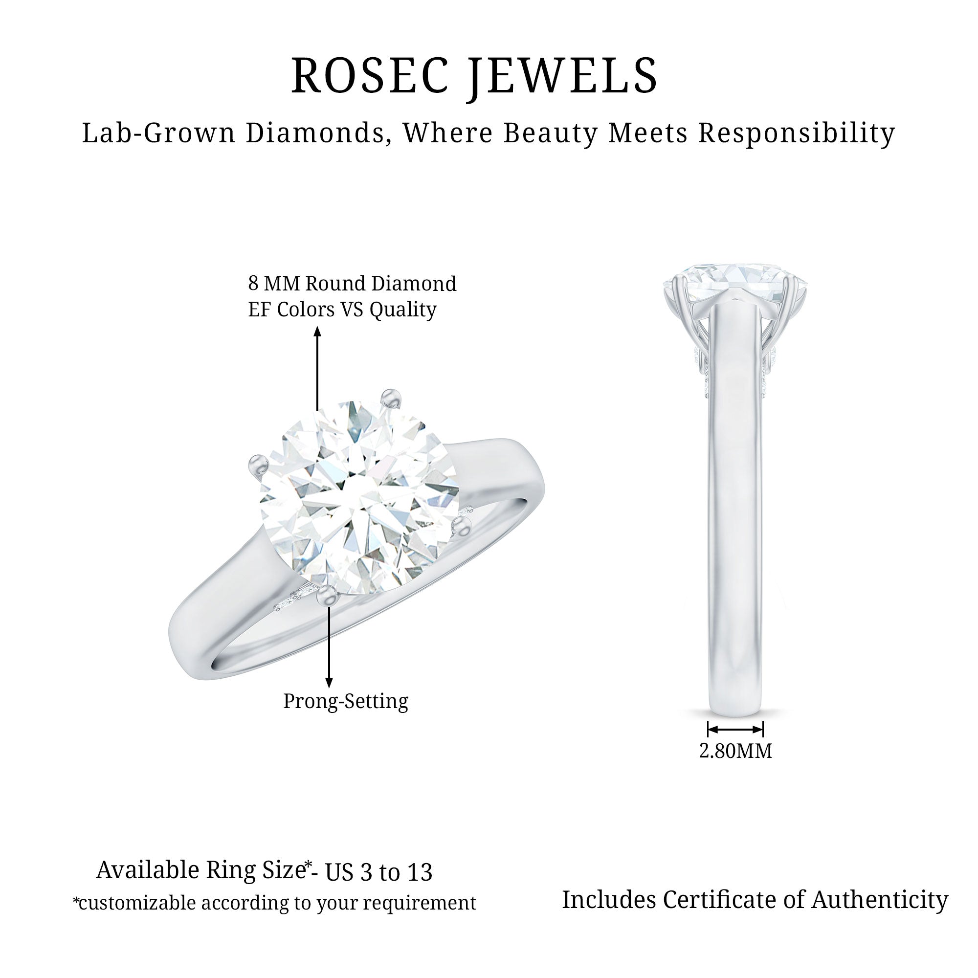 Rosec Jewels-Brilliant Cut Lab Grown Diamond Classic Engagement Ring with Certificate