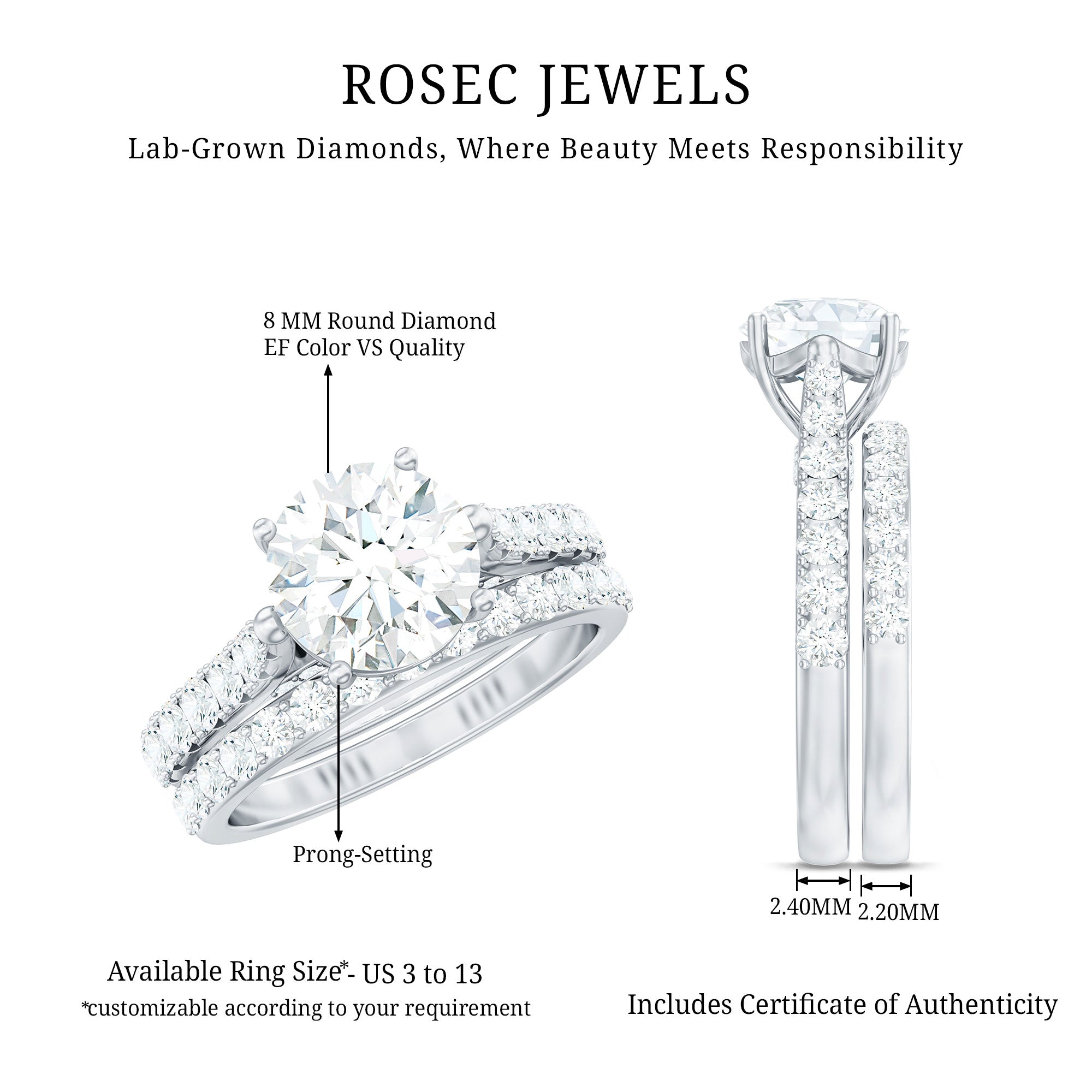 Rosec Jewels-Certified 8 mm Round Lab Grown Diamond Wedding Engagement Ring Set