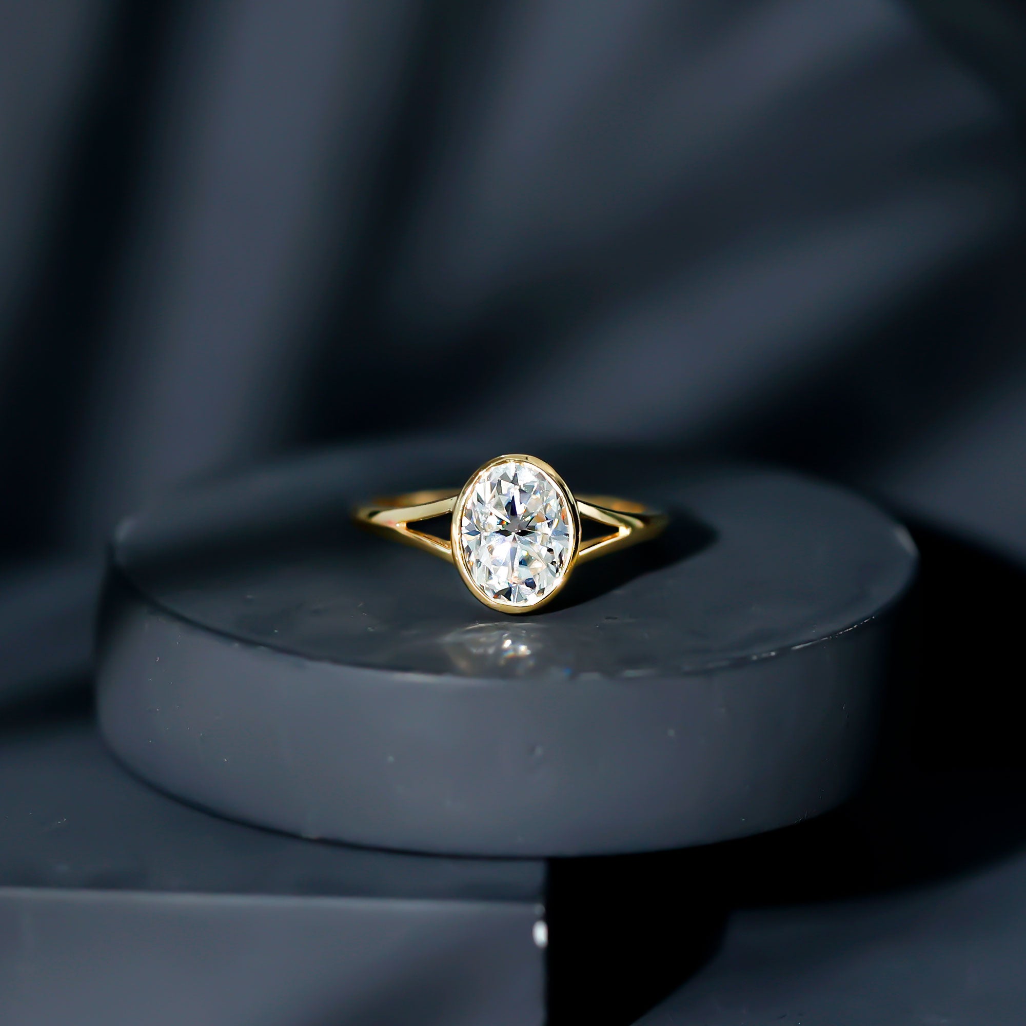 Rosec Jewels-Bezel Set Oval Lab Created Diamond Solitaire Ring For Women