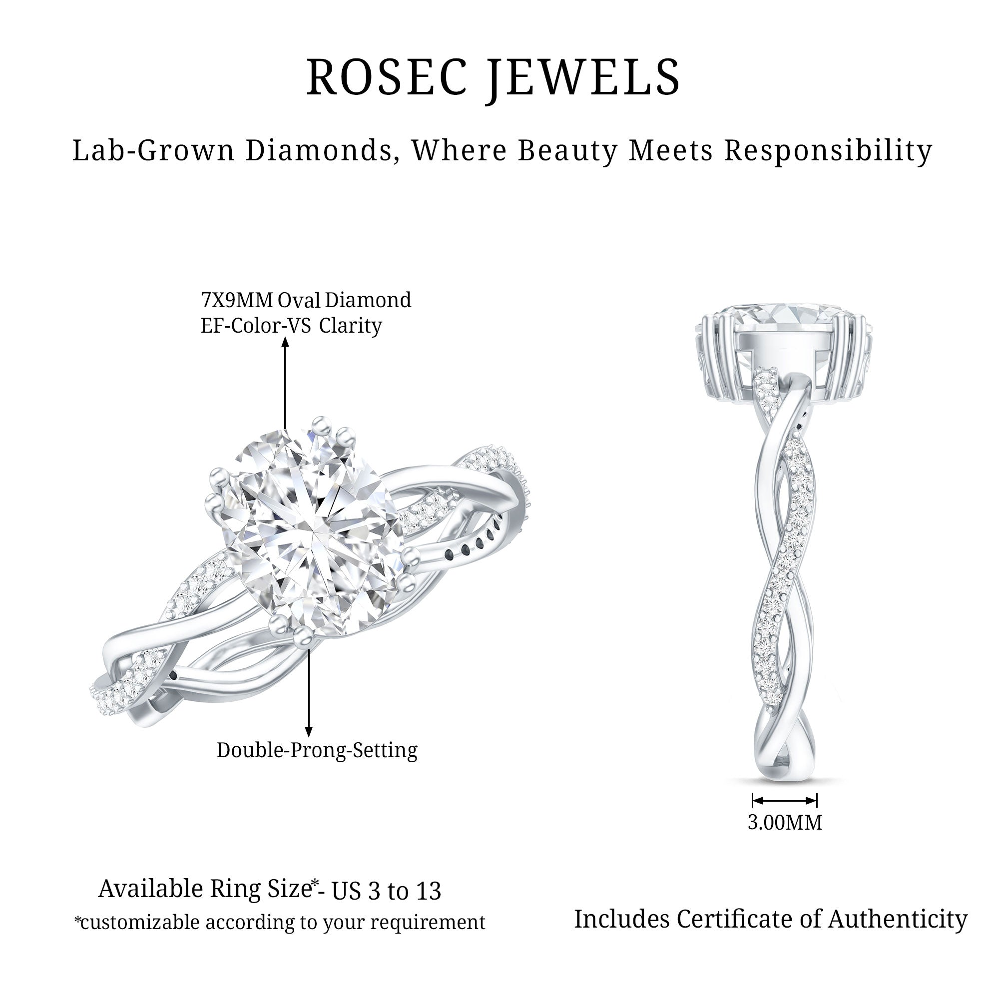 7X9 mm Lab Grown Diamond Oblong Engagement Ring Lab - ( EF-VS ) - Rosec Jewels