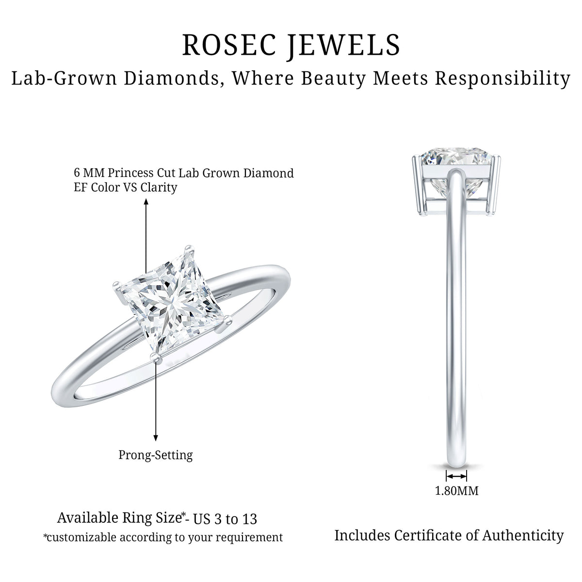 1.2 Carat Certified Lab Grown Diamond Square Cut Engagement Ring Lab - ( EF-VS ) - Rosec Jewels