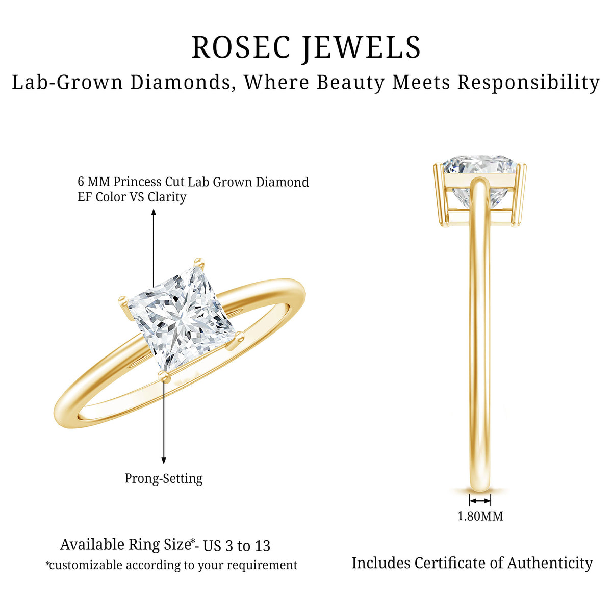 1.2 Carat Certified Lab Grown Diamond Square Cut Engagement Ring Lab - ( EF-VS ) - Rosec Jewels