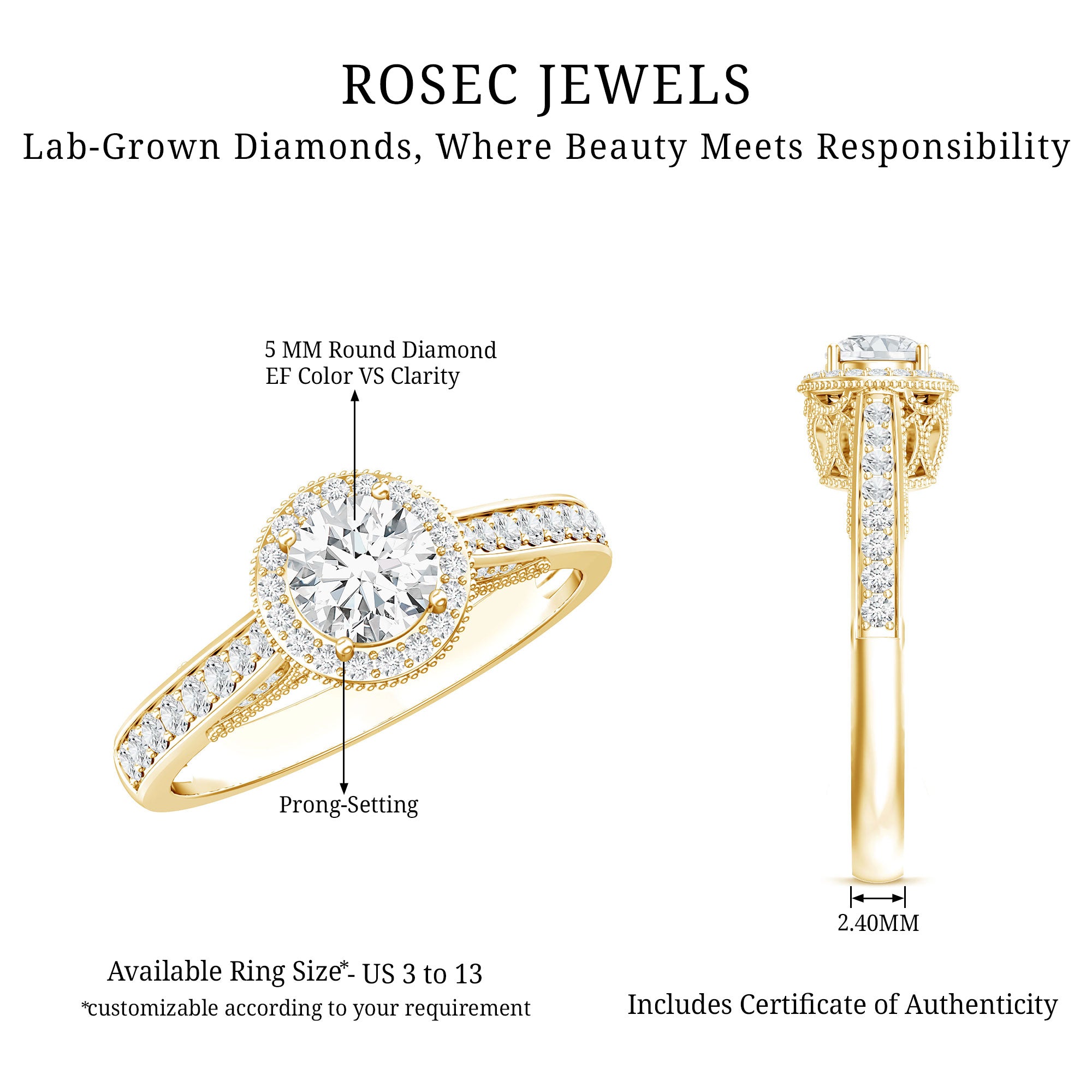 Diamond Vintage Looking Engagement Ring Lab - ( EF-VS ) - Rosec Jewels