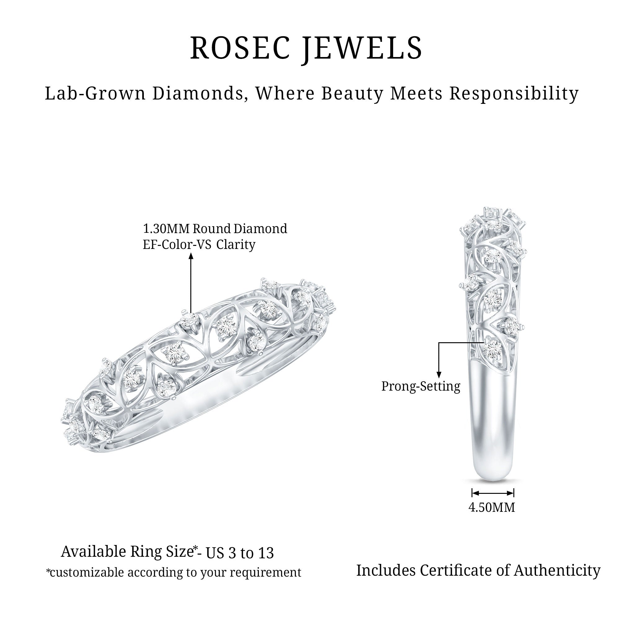 Designer Lab Grown Diamond Wedding Band For Women Lab - ( EF-VS ) - Rosec Jewels