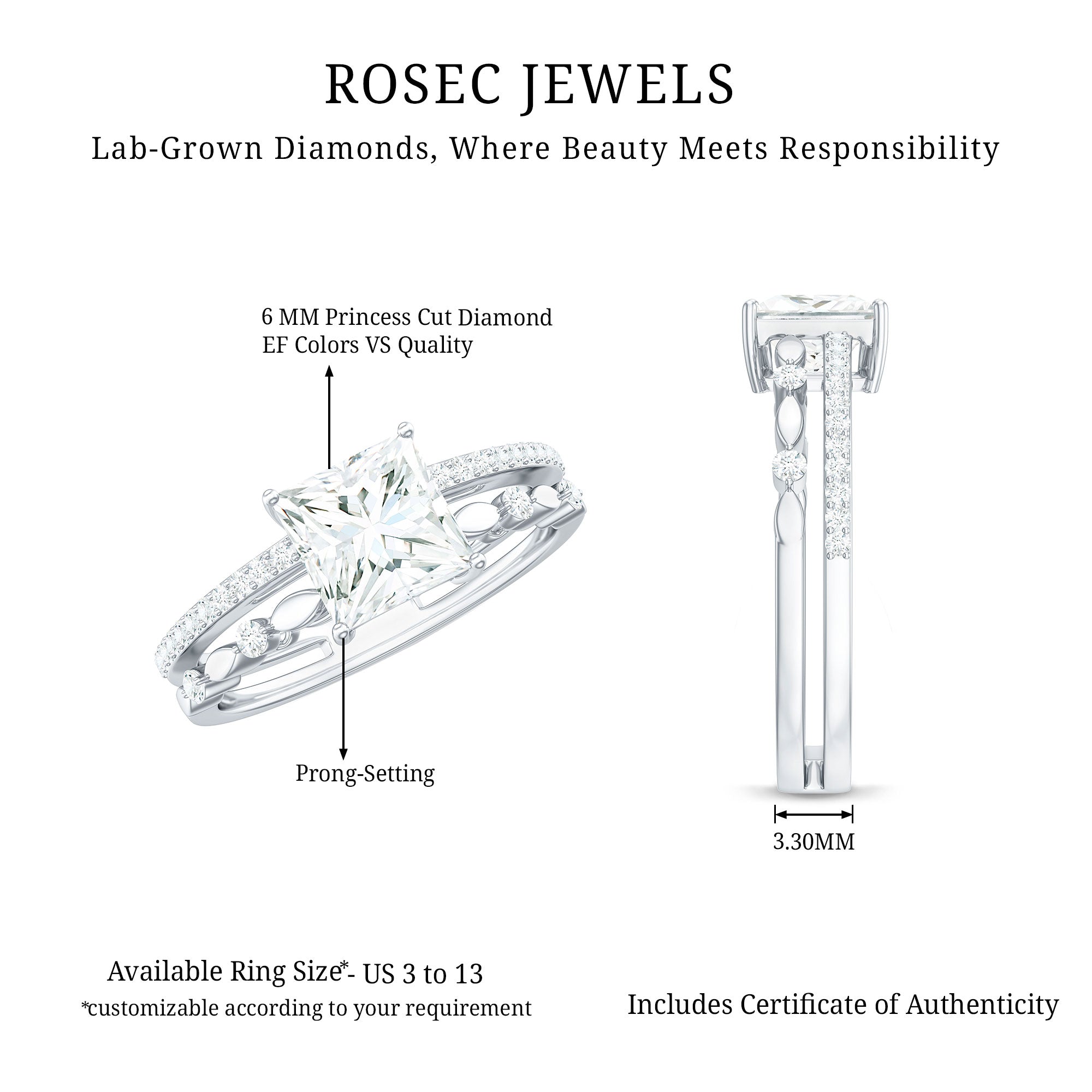 Rosec Jewels-Brilliant Cut Lab Grown Diamond Solitaire Double Band Ring for Women