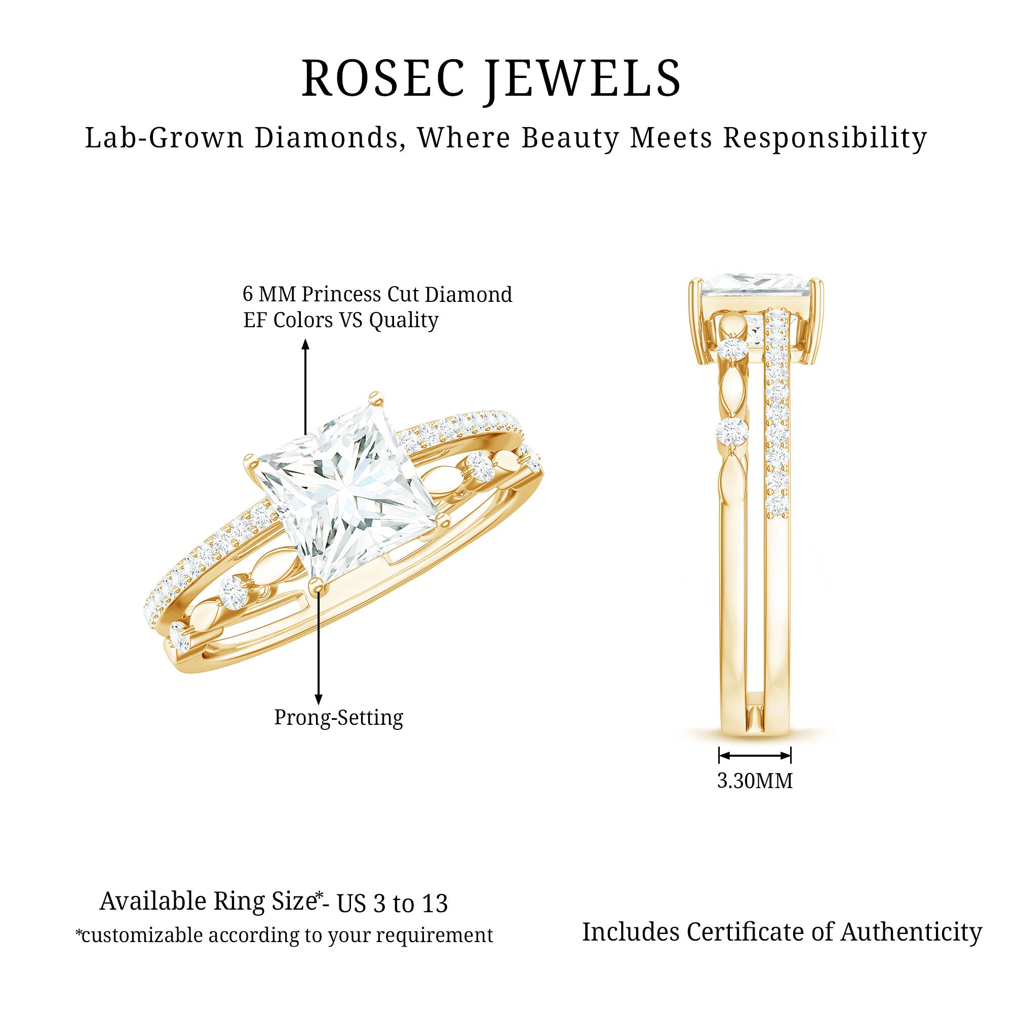 Rosec Jewels-Brilliant Cut Lab Grown Diamond Solitaire Double Band Ring for Women