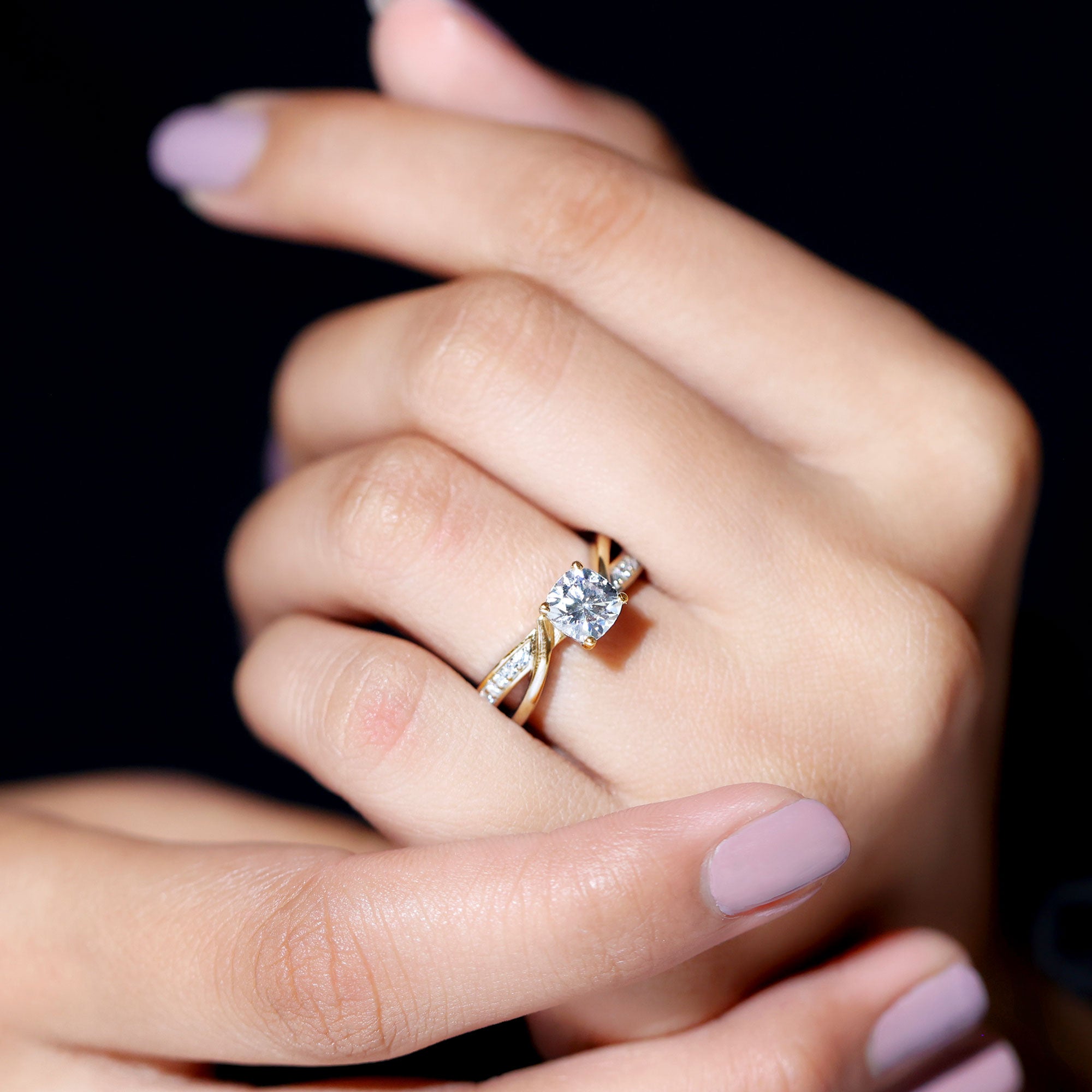 Rosec Jewels-Cushion Cut Diamond Infinity Solitaire Ring with Side Stones