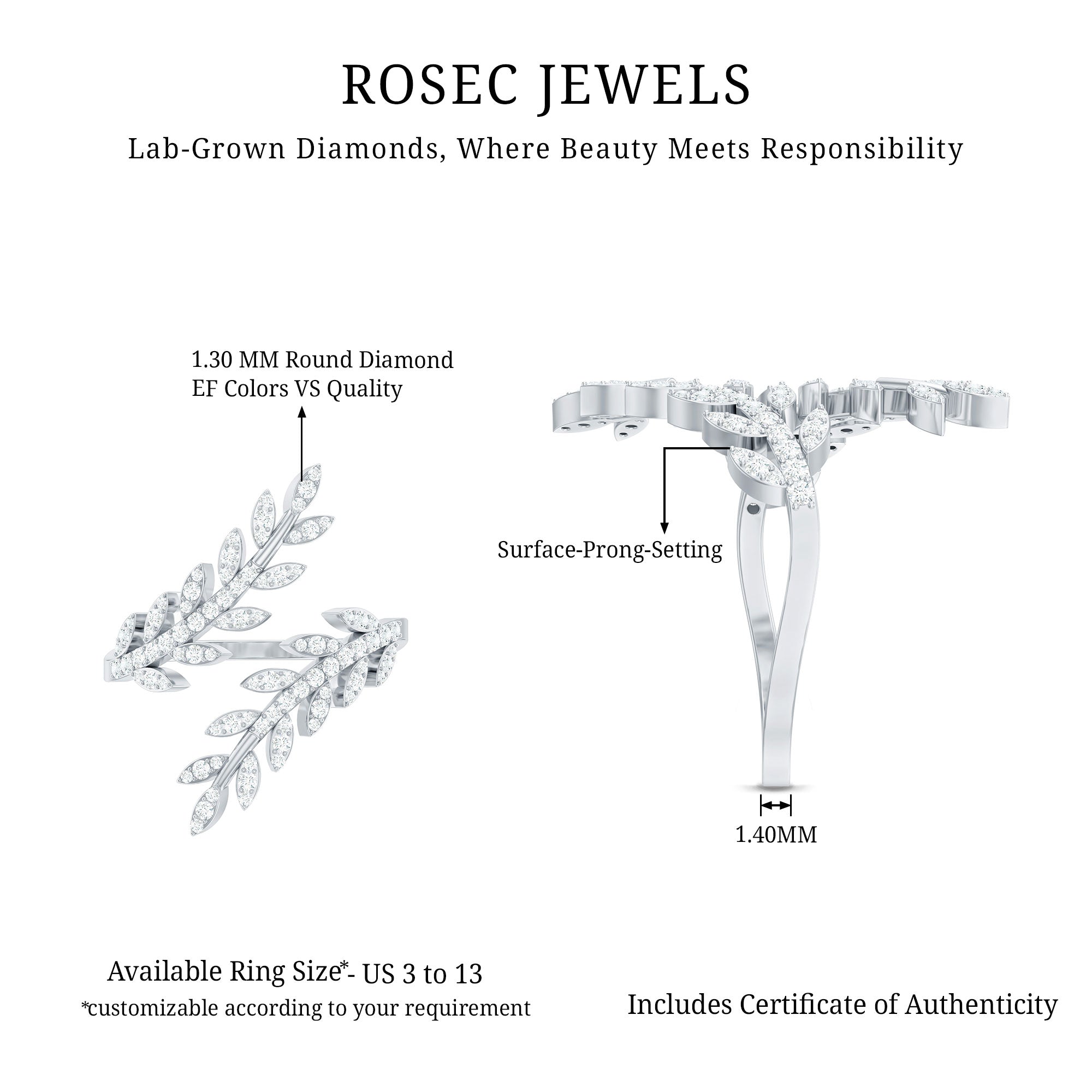 Rosec Jewels-Certified Nature inspired Lab Grown Diamond Cocktail Ring for Women