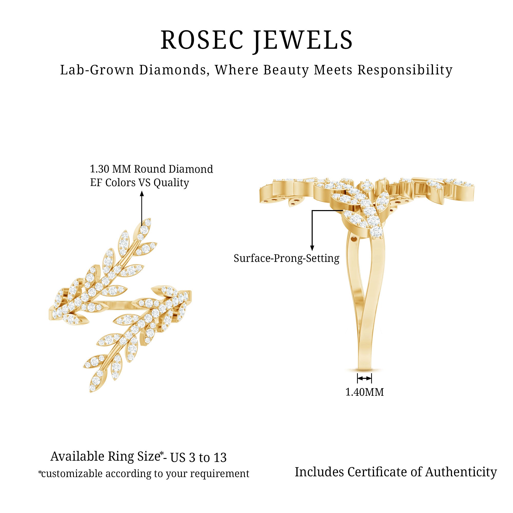 Rosec Jewels-Certified Nature inspired Lab Grown Diamond Cocktail Ring for Women
