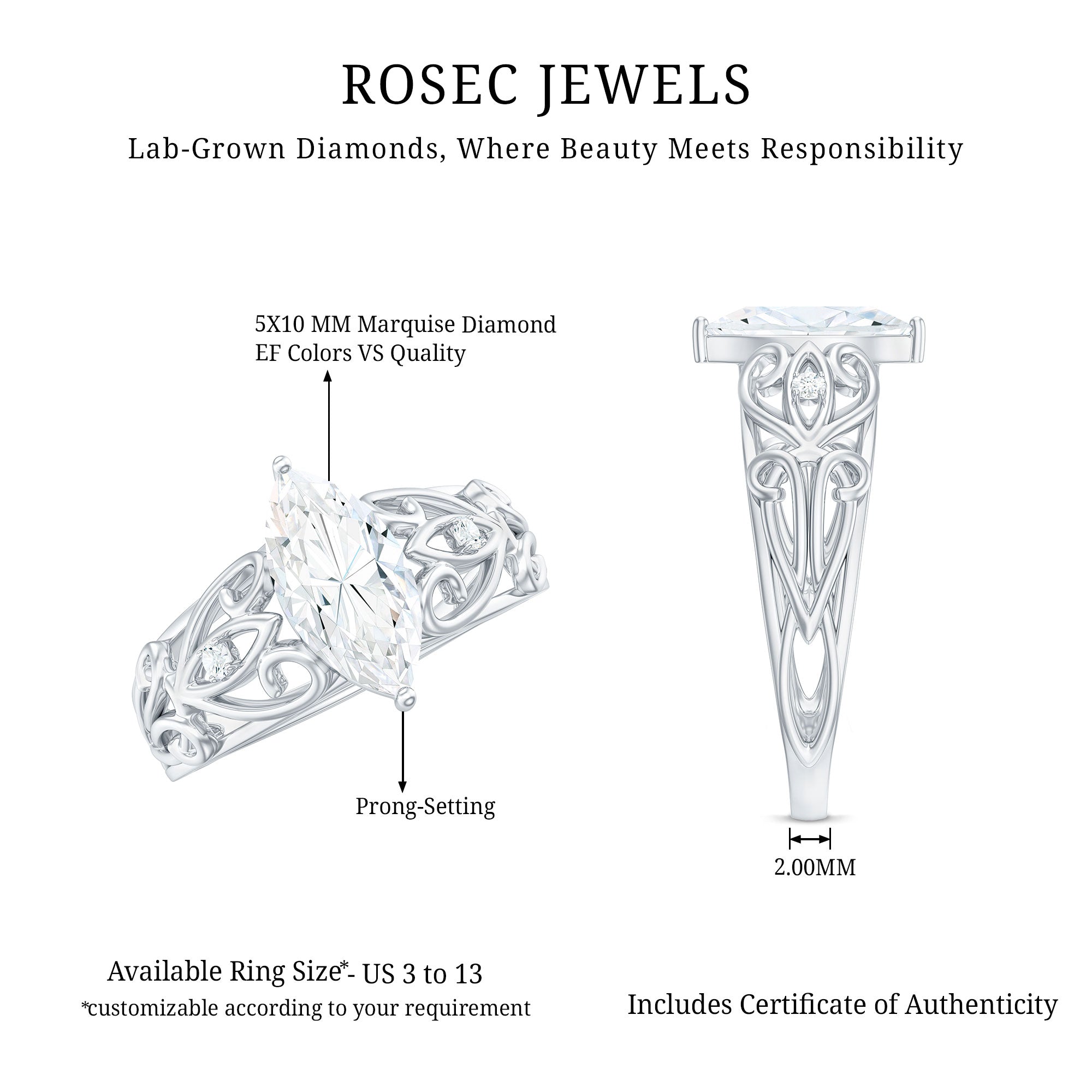 Rosec Jewels-Marquise Cut Lab Grown Diamond Solitaire Filigree Engagement Ring