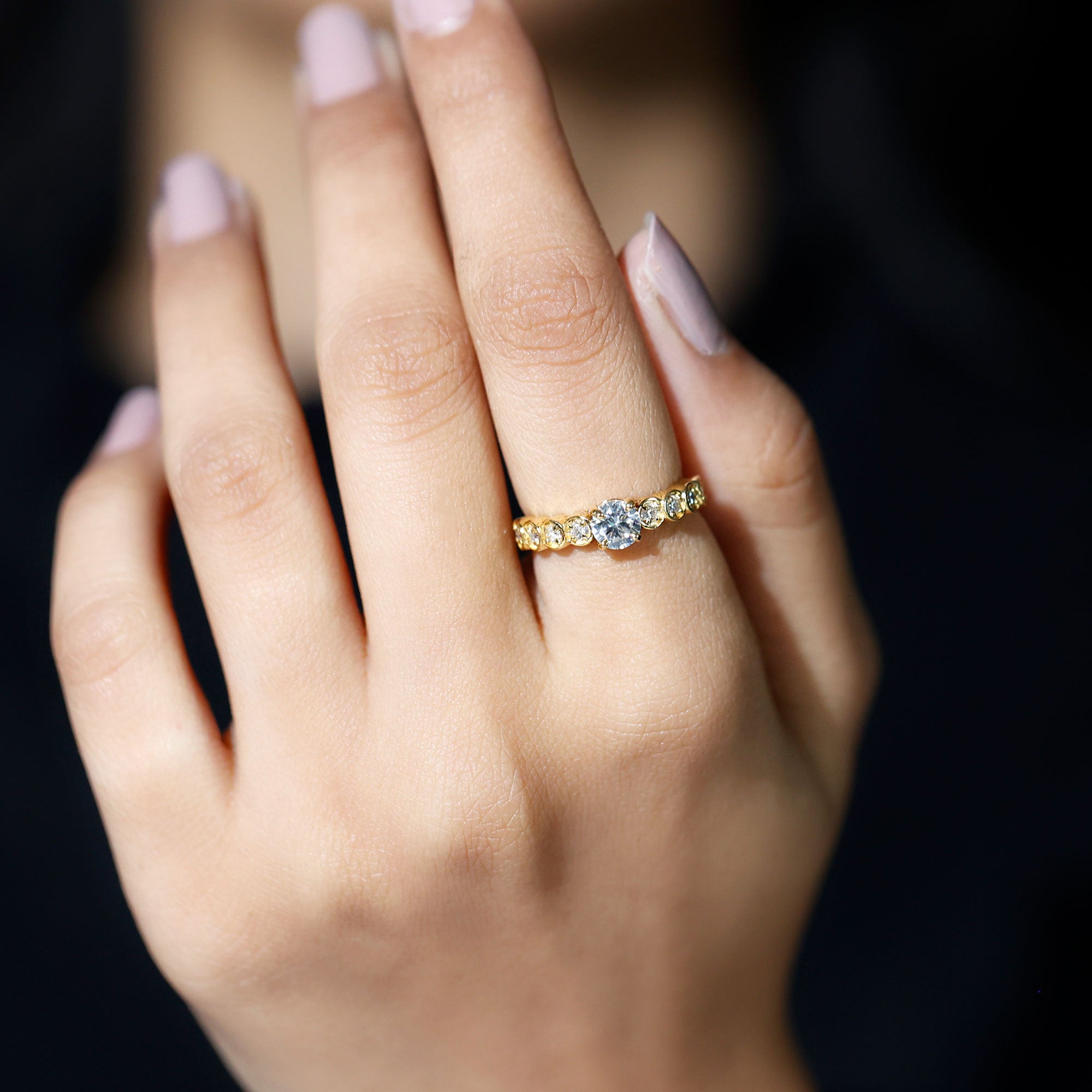 Rosec Jewels-Round Brilliant Cut Lab Diamond Promise Ring with Side Stones