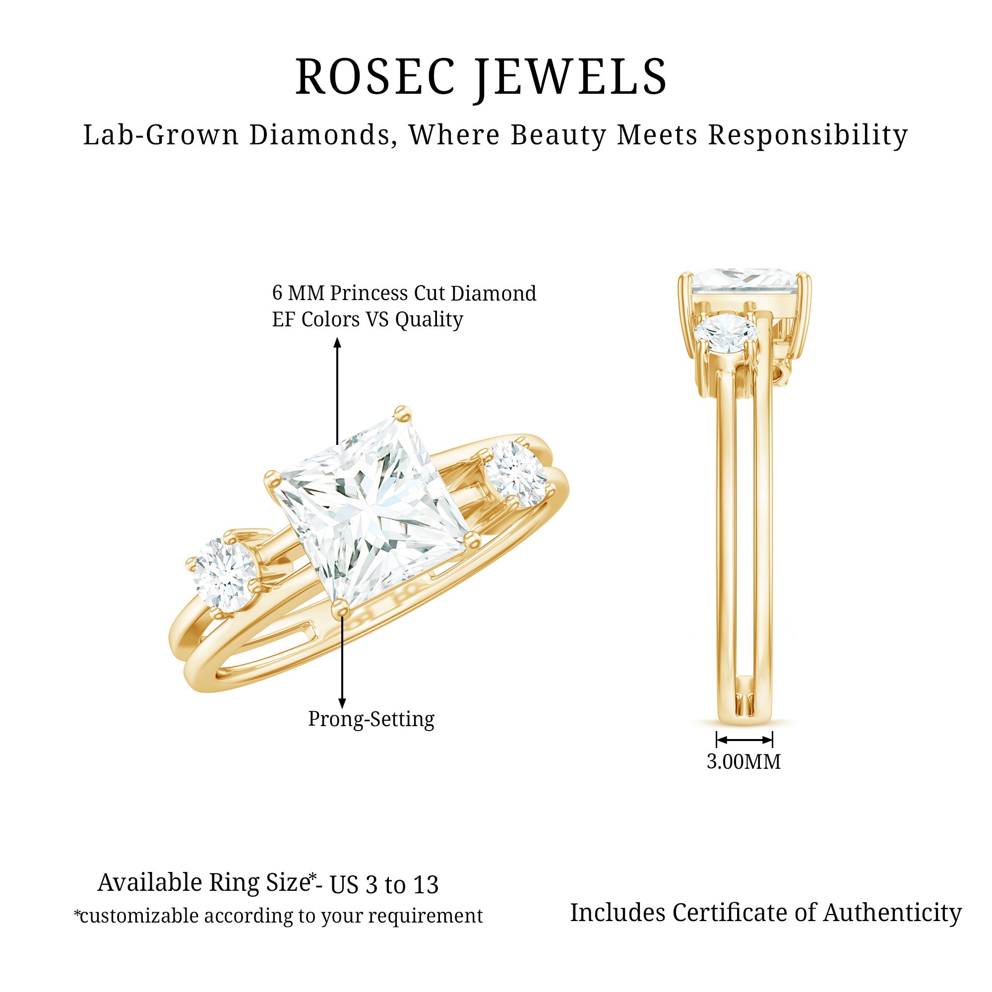Rosec Jewels-Princess Cut Lab Grown Diamond Double Band Ring
