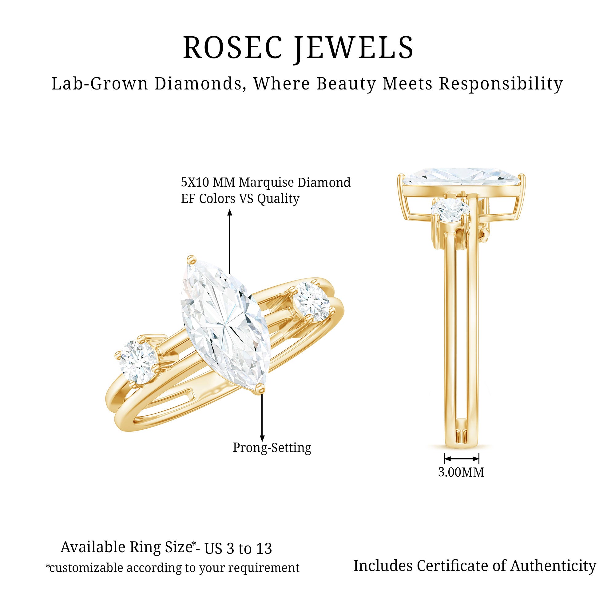 Rosec Jewels-Marquise Cut Lab Grown Diamond Double Band Ring for Women