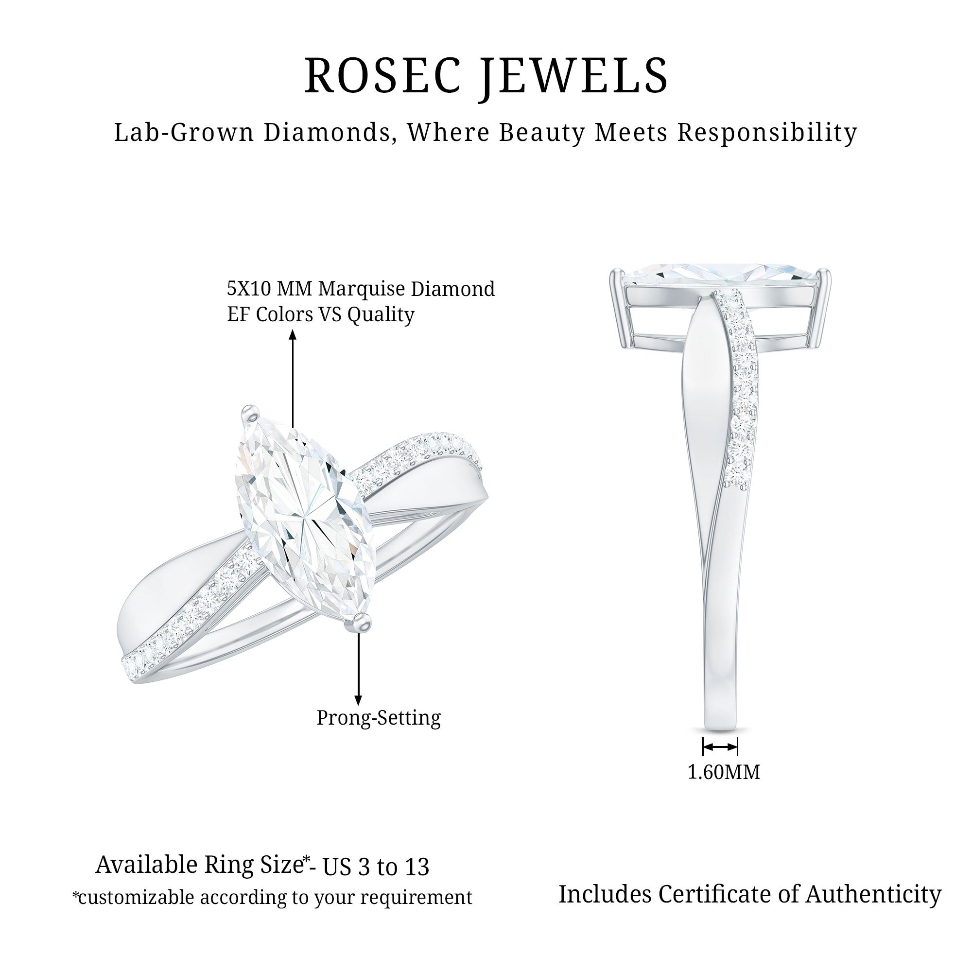 Rosec Jewels-Certified 1 CT Marquise Diamond Solitaire Ring with Side Stones