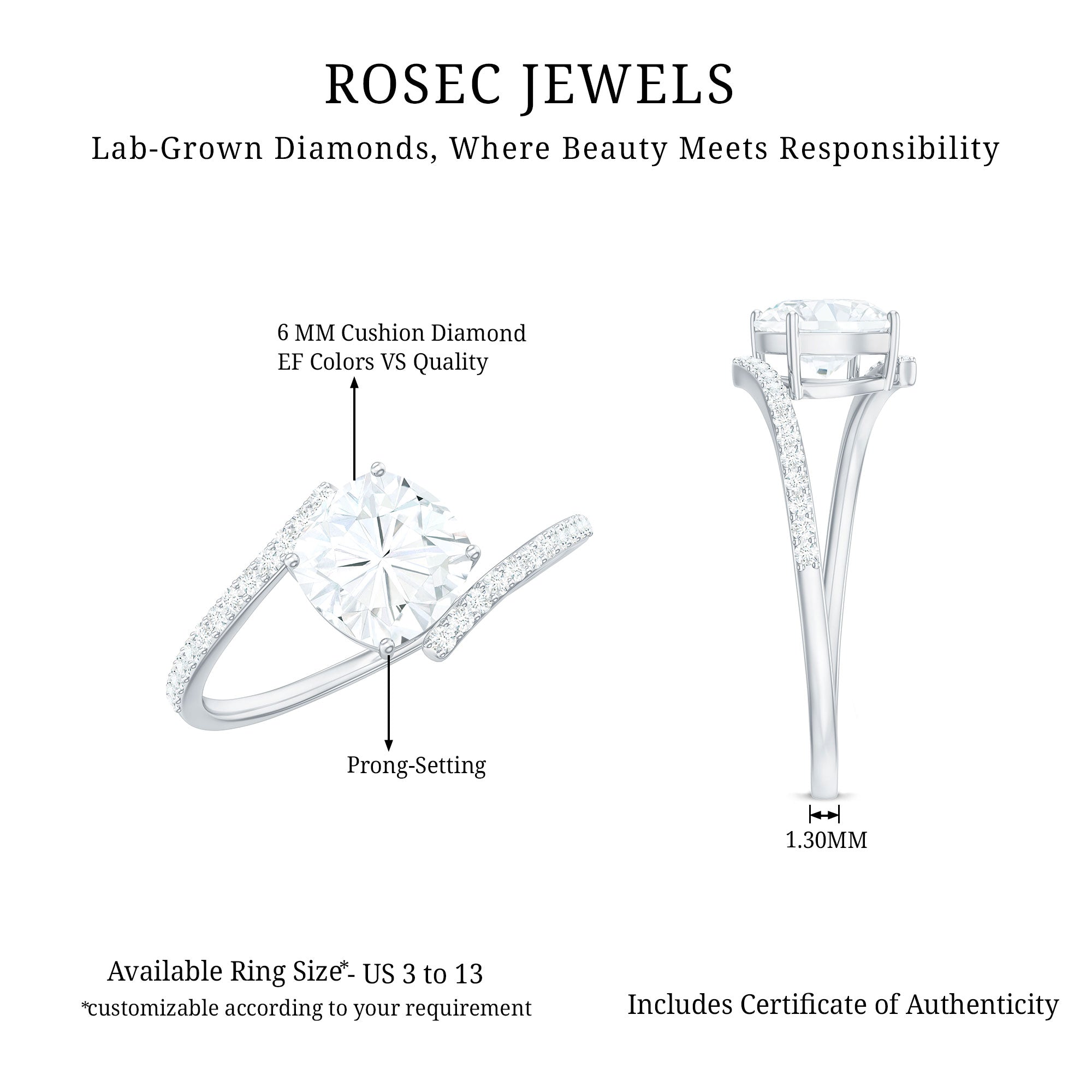 Rosec Jewels-Lab Diamond Engagement Bypass Cushion Engagement Ring