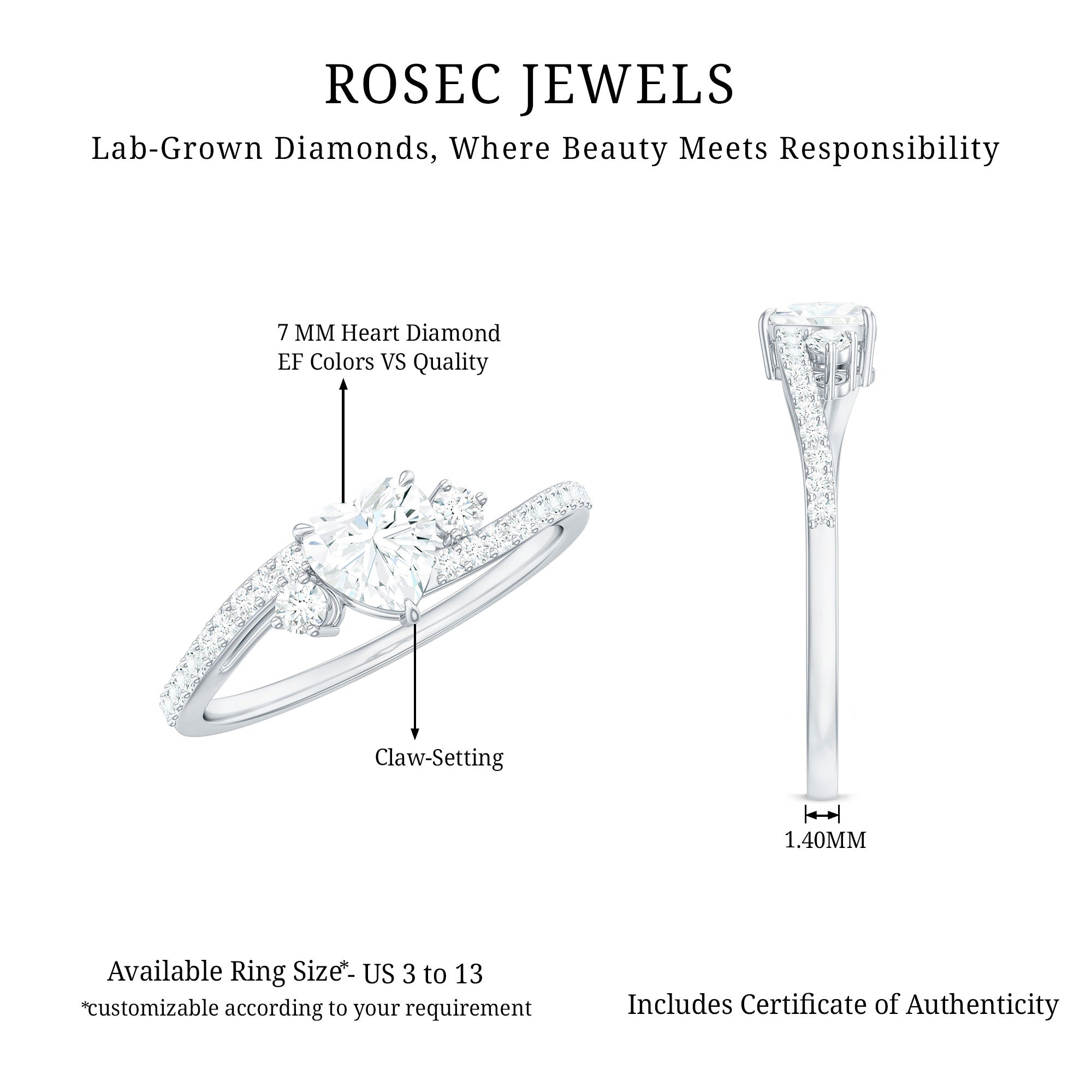 Rosec Jewels-Lab Diamond Bypass Heart Engagement Ring
