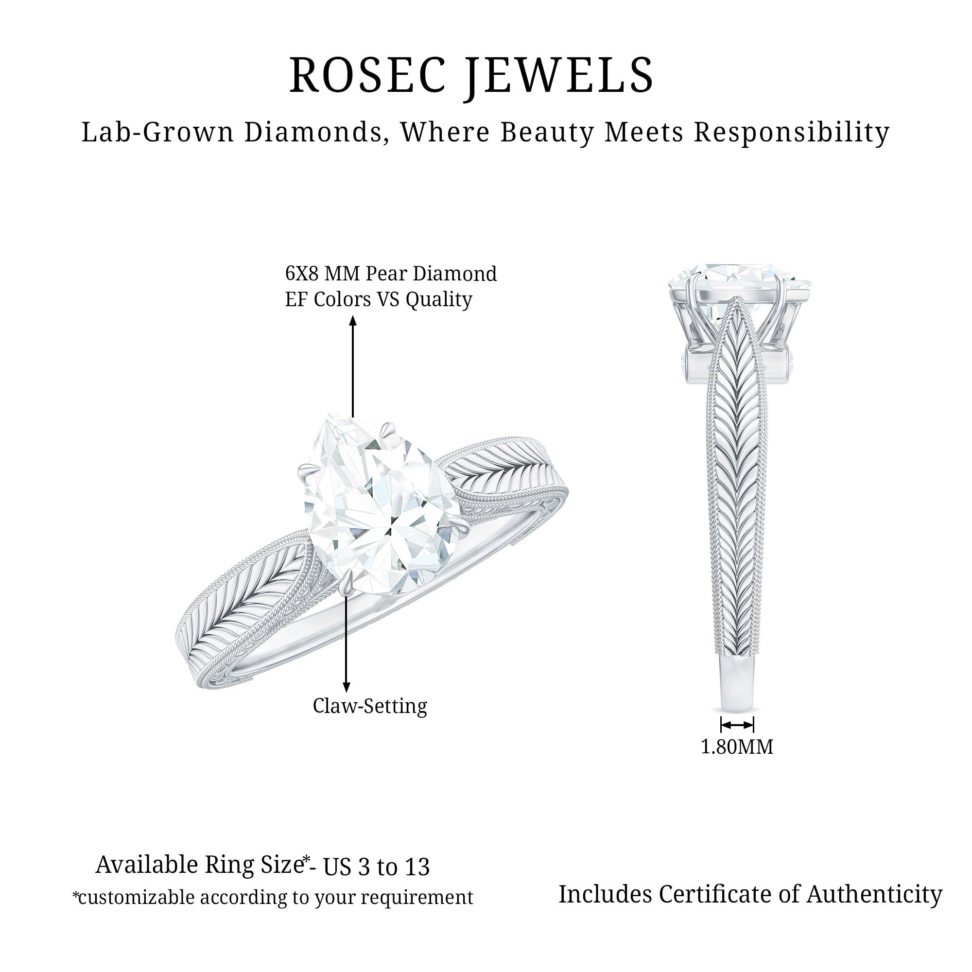 Rosec Jewels-6X8 mm Pear Lab Created Diamond Filigree Engagement Ring
