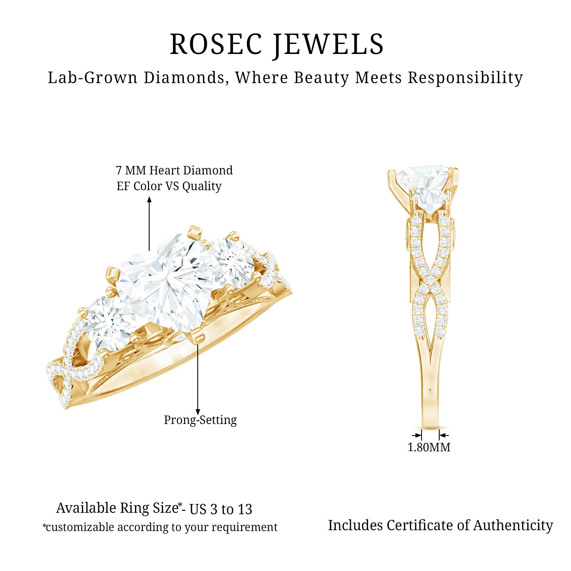 Rosec Jewels-Certified 7 MM Lab Grown Diamond Heart Shaped Engagement Ring