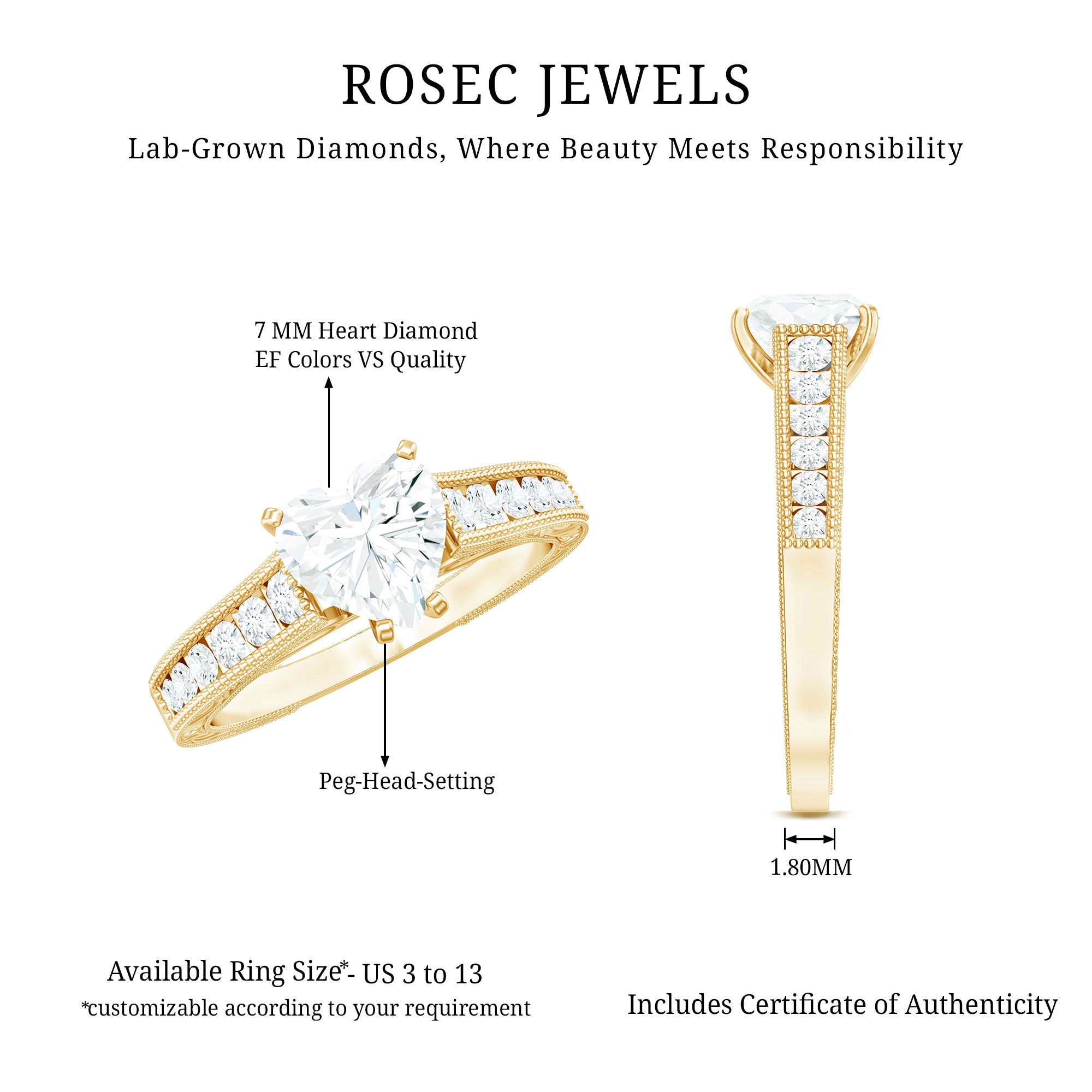 Rosec Jewels-Heart Engagement Ring With Lab Grown Diamonds