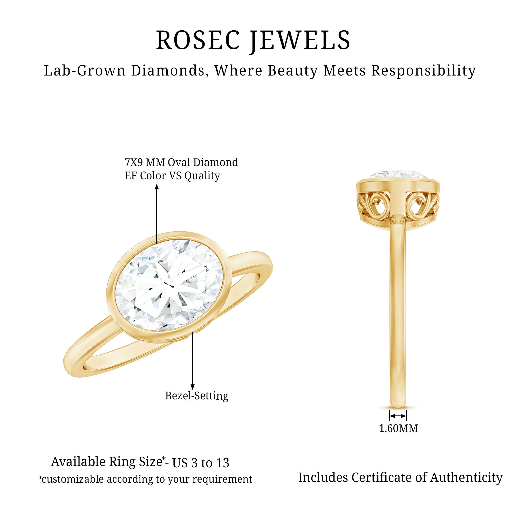 Bezel Set Lab Grown Diamond East West Engagement Ring Lab - ( EF-VS ) - Rosec Jewels