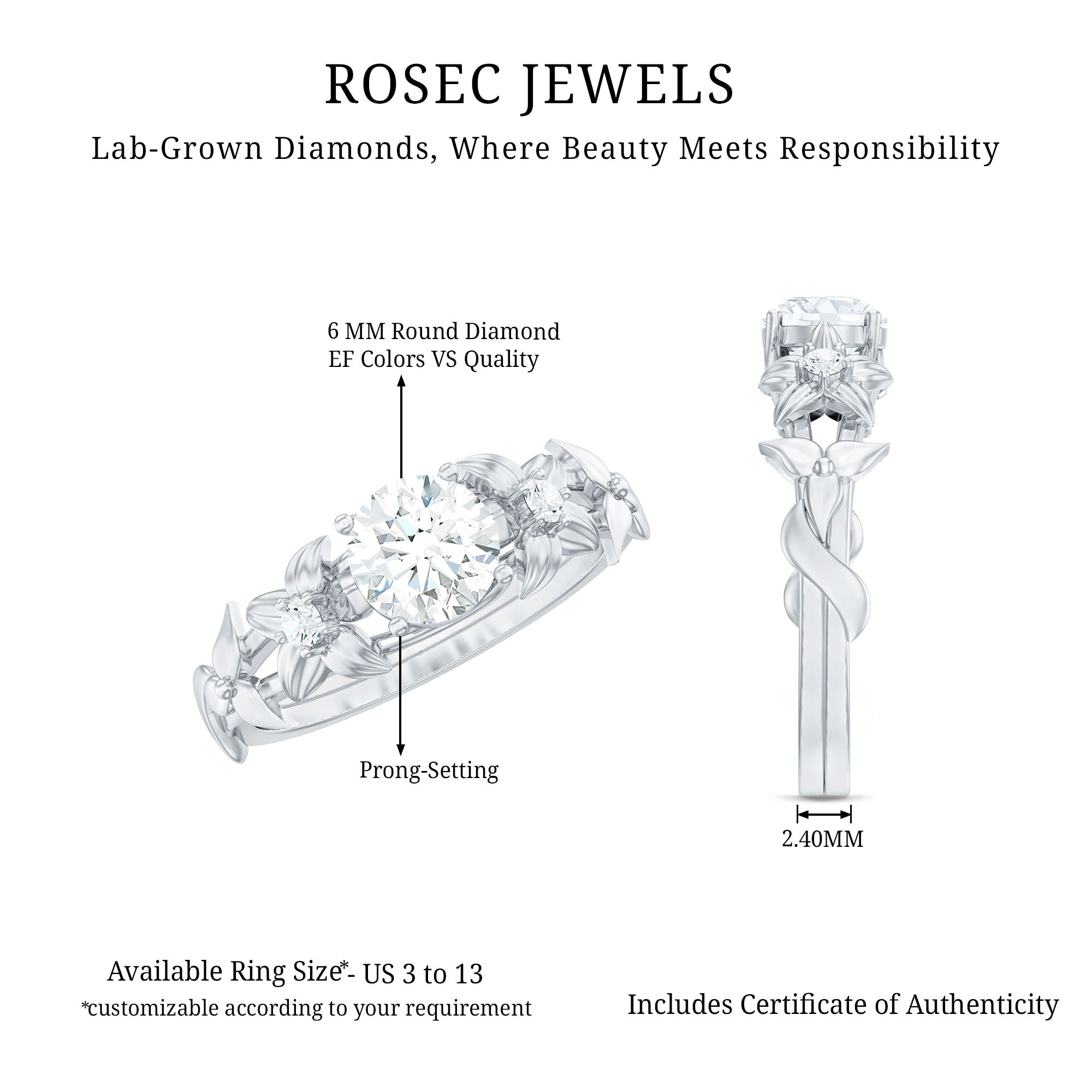 Rosec Jewels-Certified 1 Ct Lab Grown Diamond Nature Engagement Ring