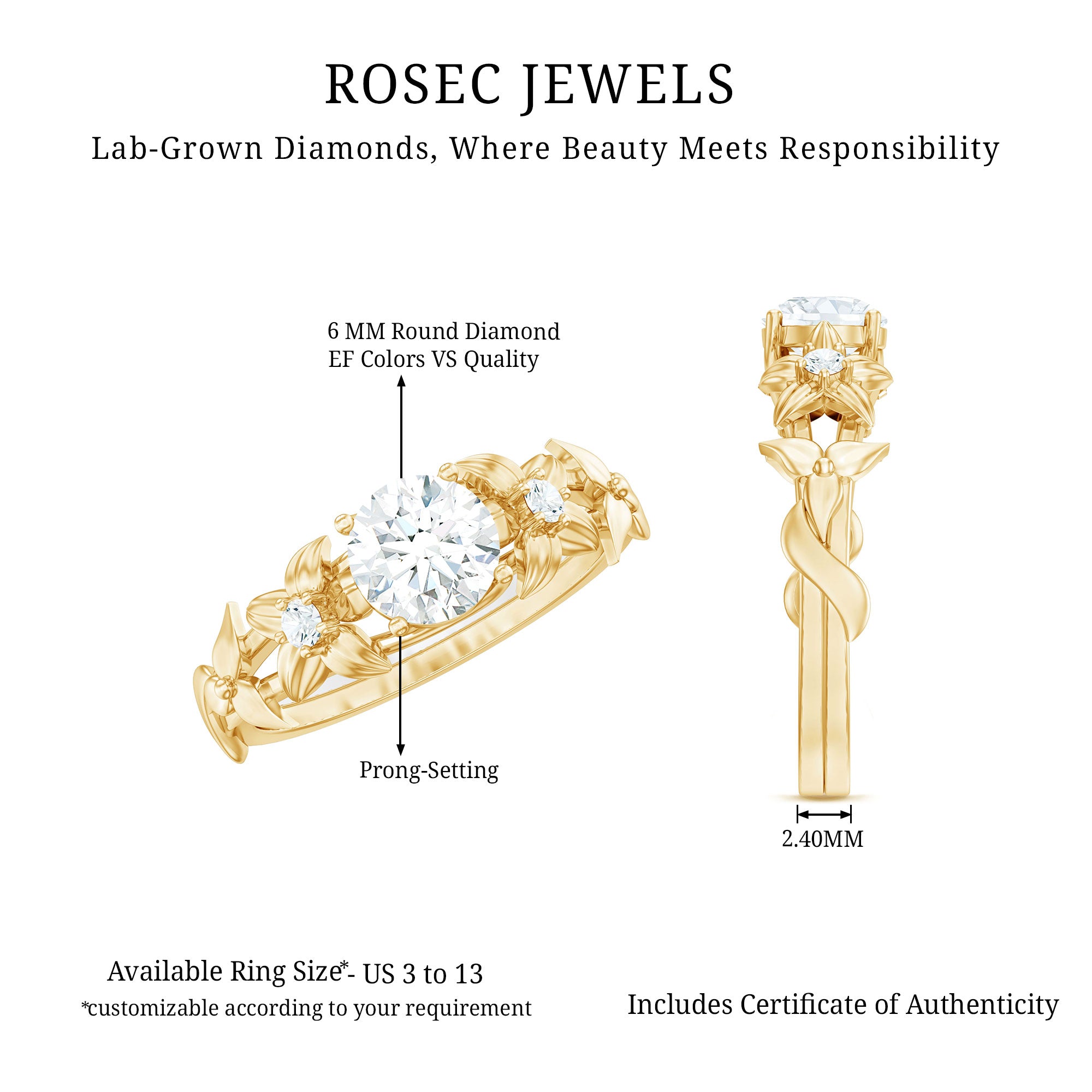 Rosec Jewels-Certified 1 Ct Lab Grown Diamond Nature Engagement Ring
