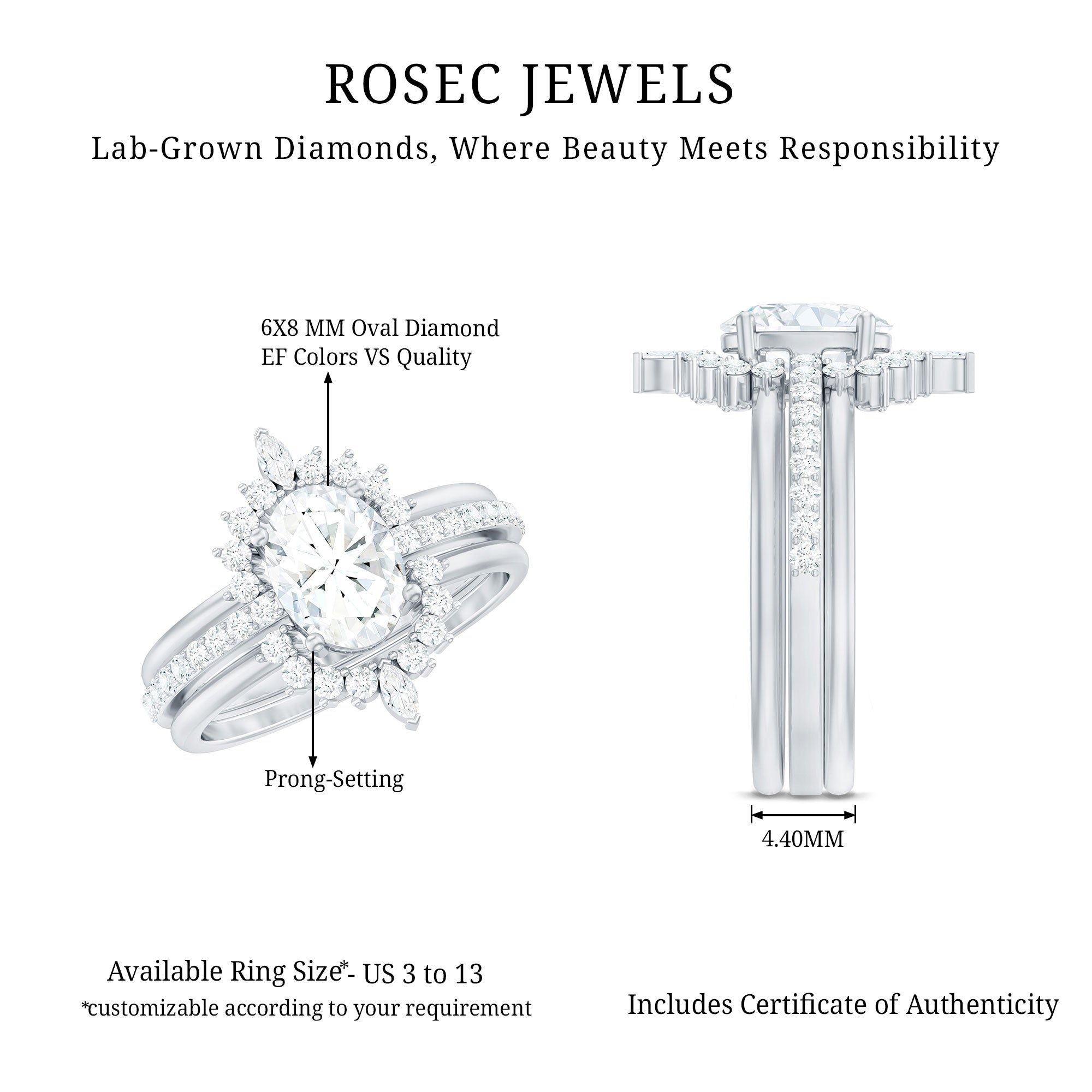 Rosec Jewels-Certified Lab Grown Diamond Vintage Engagement Ring Set With 3 Pieces