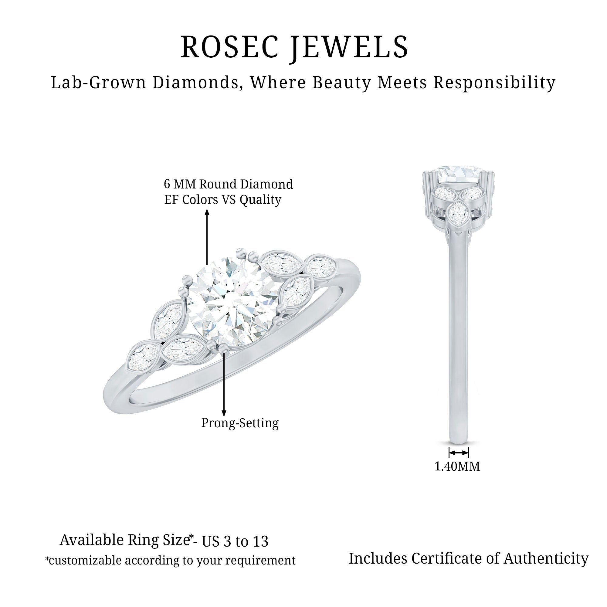 Rosec Jewels-Certified 6 MM Round Diamond Promise Engagement Ring For Her