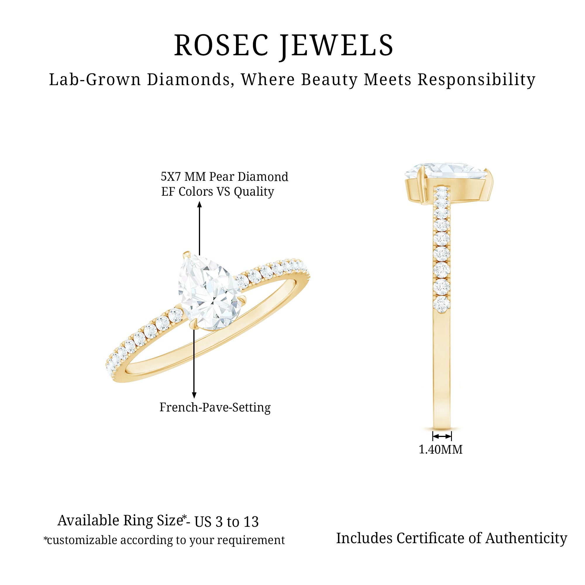 Rosec Jewels-1 CT Pear Cut Man Made Diamond Engagement Ring