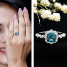 Rosec Jewels-London Blue Topaz Antique Looking Engagement Ring with Moissanite Halo
