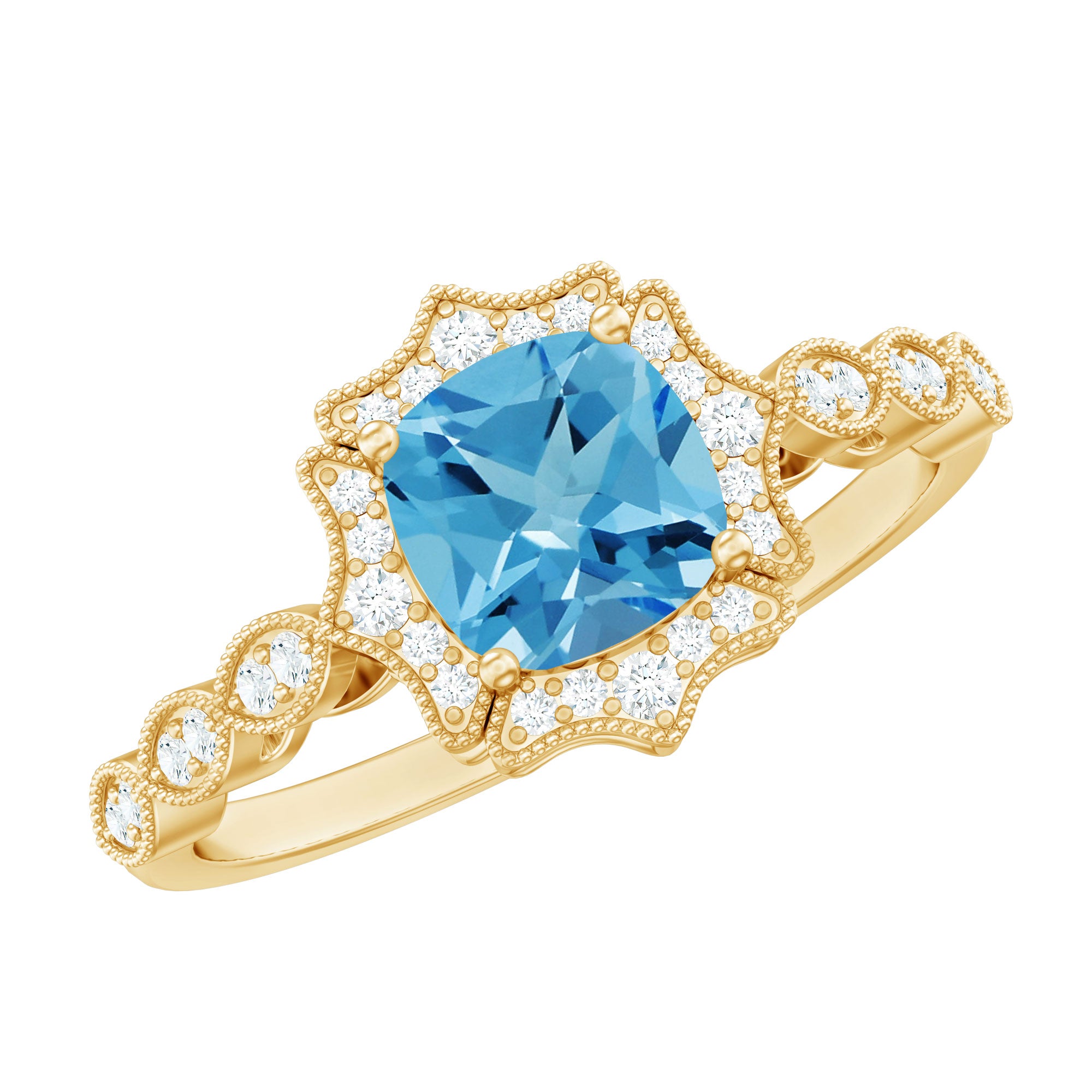 Rosec Jewels-Vintage Looking Swiss Blue Topaz Diamond Engagement Ring in Silver