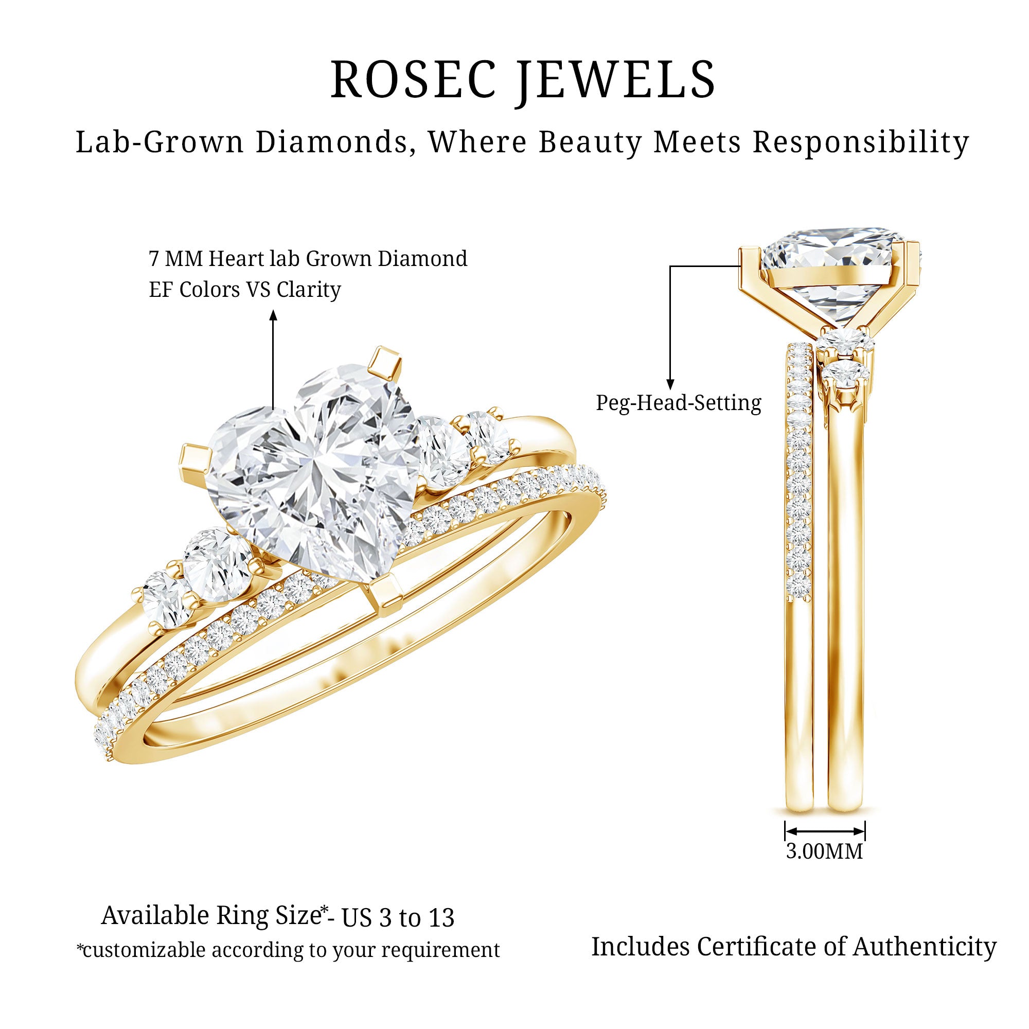 Certified Lab Grown Diamond 7MM Heart Bridal Ring Set Lab - ( EF-VS ) - Rosec Jewels