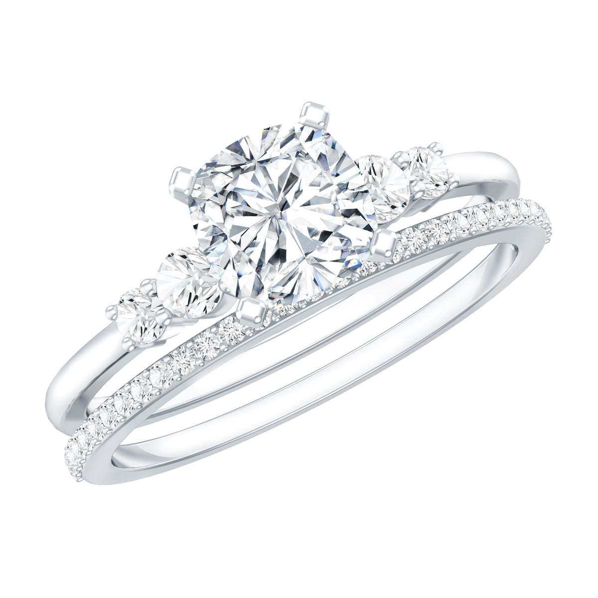 IGI Certified 1 Carat Lab Grown Diamond Cushion Engagement Ring with Wedding Band Lab - ( E-VS1 ) - Rosec Jewels