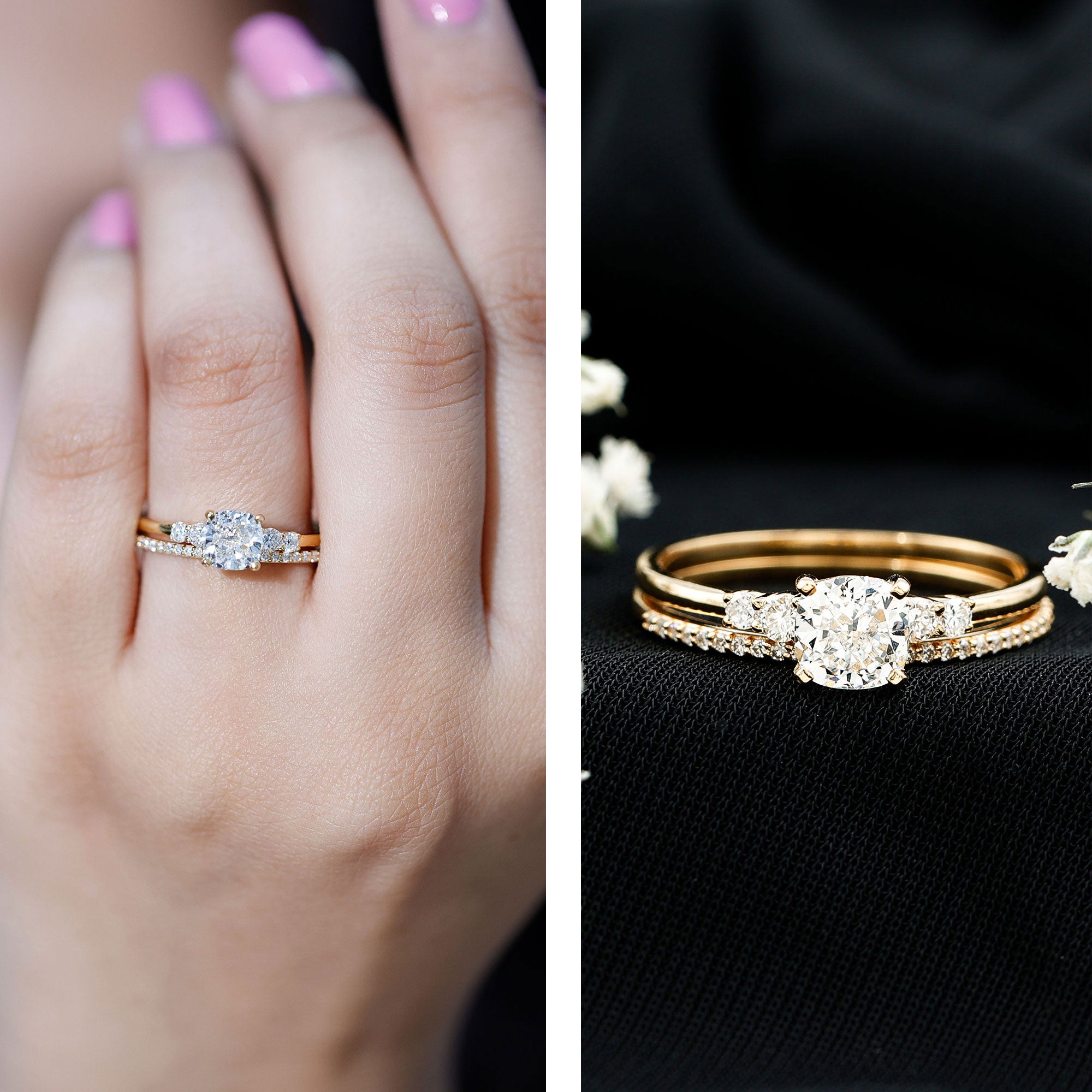 Lab Grown Diamond 6 MM Cushion Engagement Ring with Wedding band Lab - ( EF-VS ) - Rosec Jewels