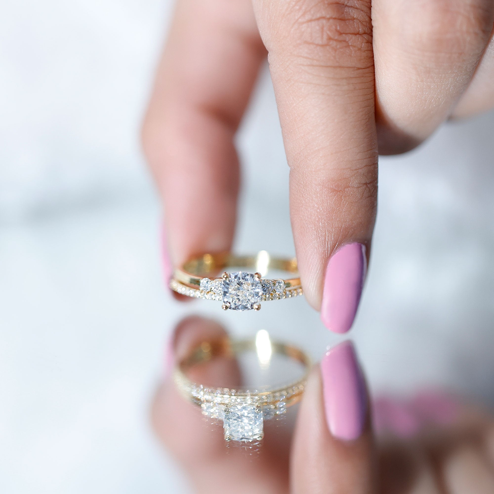 Lab Grown Diamond 6 MM Cushion Engagement Ring with Wedding band Lab - ( EF-VS ) - Rosec Jewels