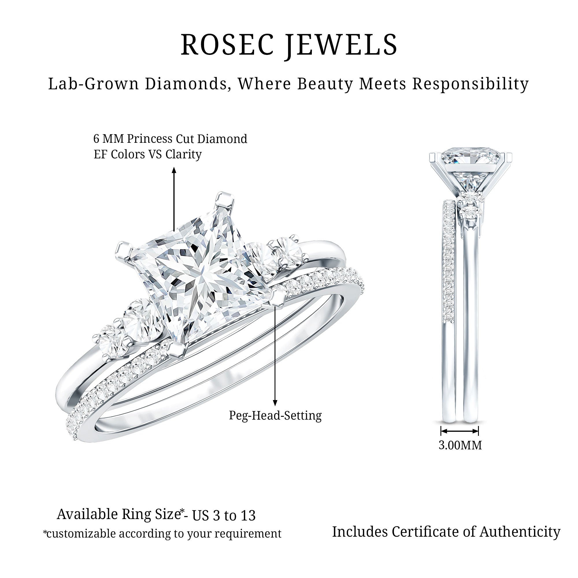 Lab Grown Diamond 6 MM Princess Cut Engagement Ring With Enhancer Lab - ( EF-VS ) - Rosec Jewels