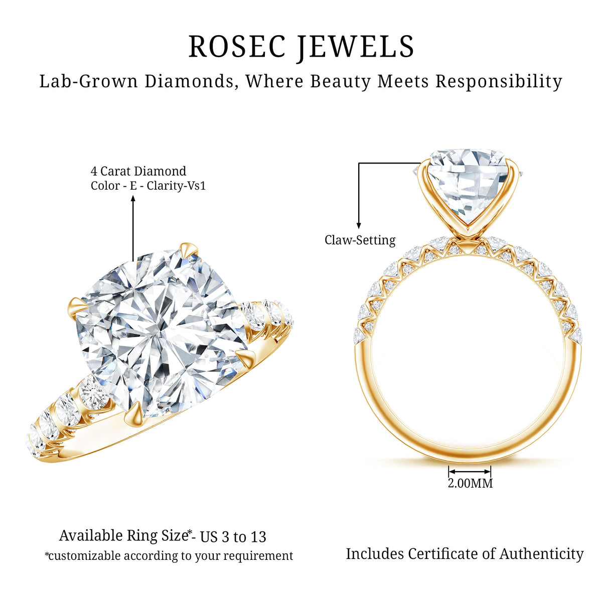 Rosec Jewels-IGI Certified 4 Carat Lab Grown Diamond Cushion Cut Engagement Ring Side Stones