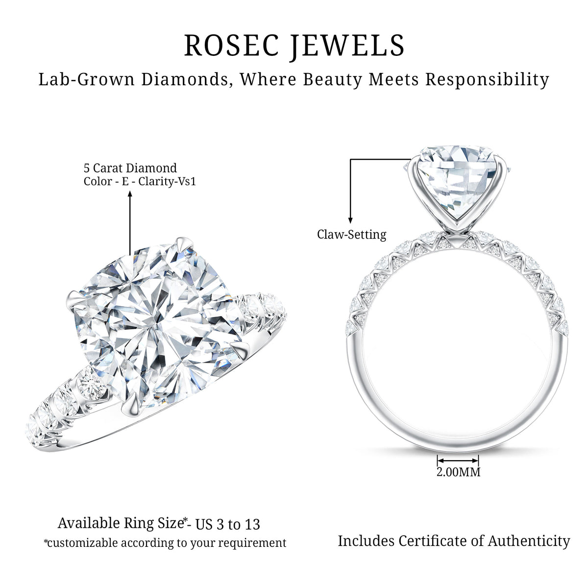 5 Carat Cushion Cut Lab Diamond Huge Engagement Ring with IGI Certificate Lab - ( E-VS1 ) - Rosec Jewels