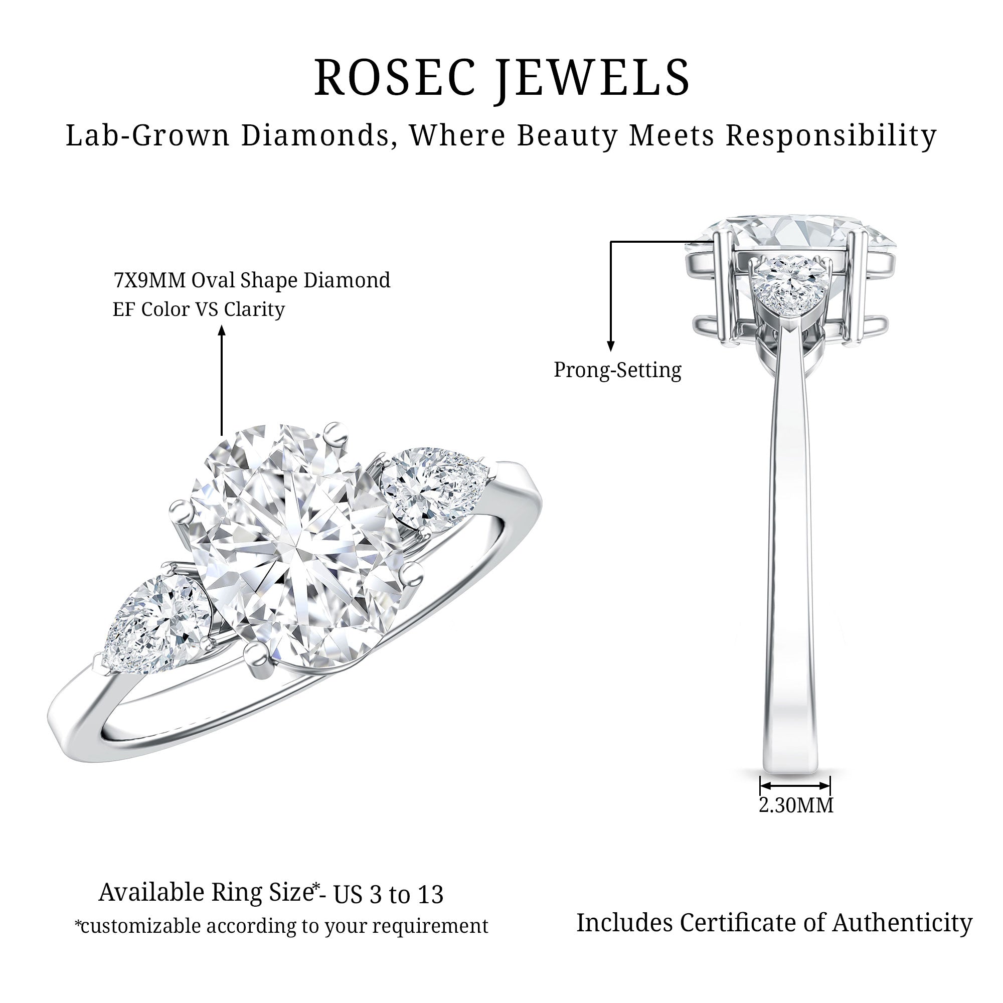 2 Carat Oval Lab Grown Diamond Three Stone Engagement Ring with IGI Certificate Lab - ( E-VS1 ) - Rosec Jewels