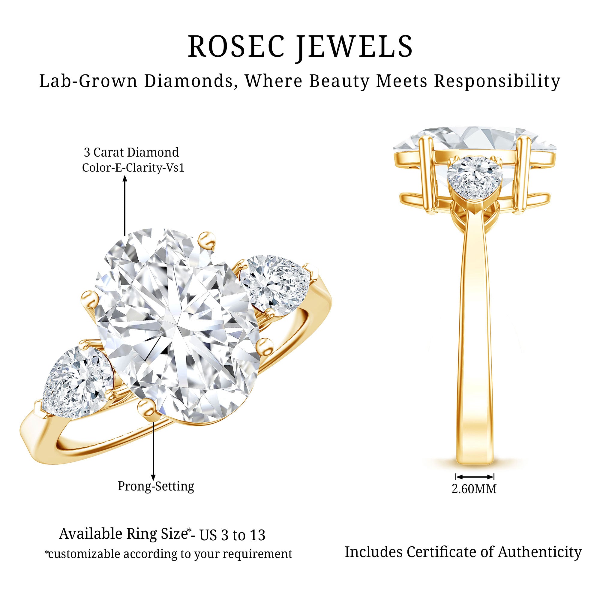 3 Carat Oval Lab Created Diamond Engagement Ring with IGI Certificate Lab - ( E-VS1 ) - Rosec Jewels