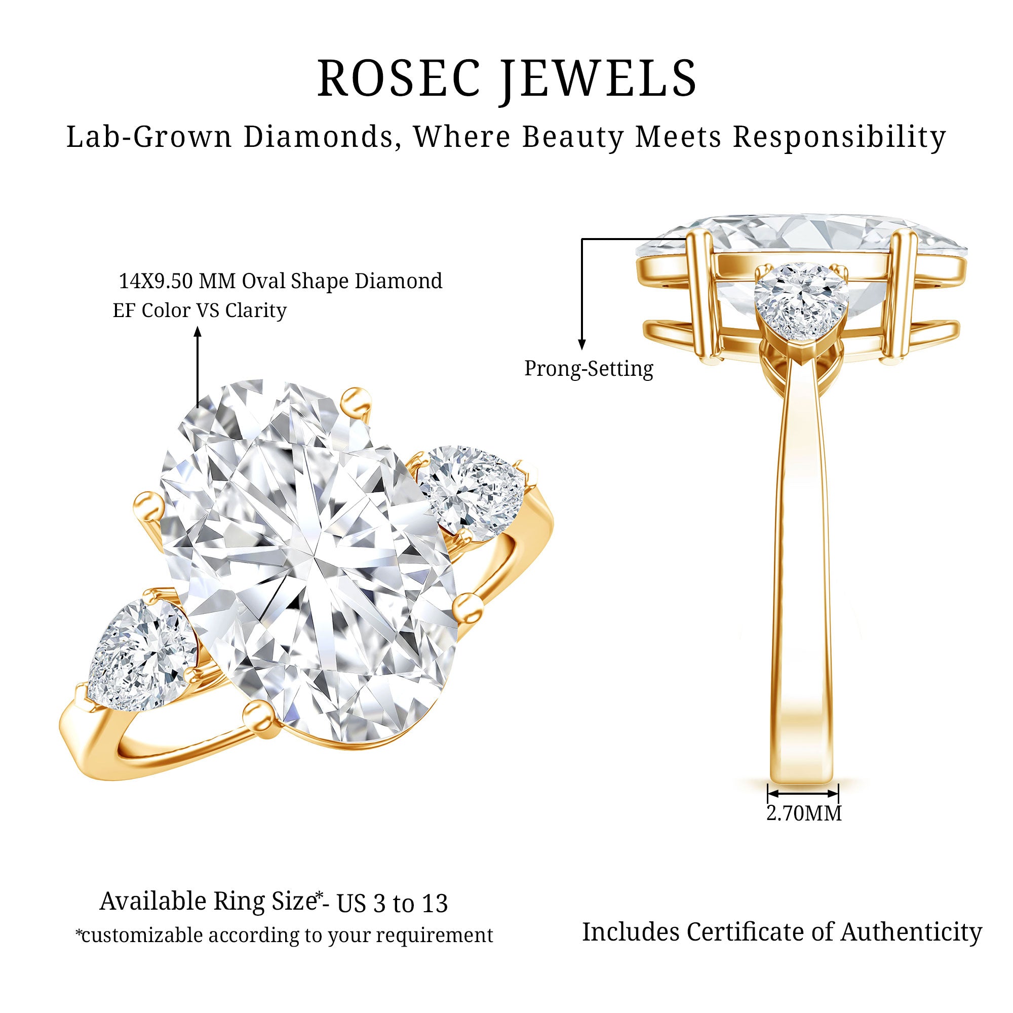 Rosec Jewels-4 Carat Oval Lab Grown Diamond Three Stone Engagement Ring IGI Certified