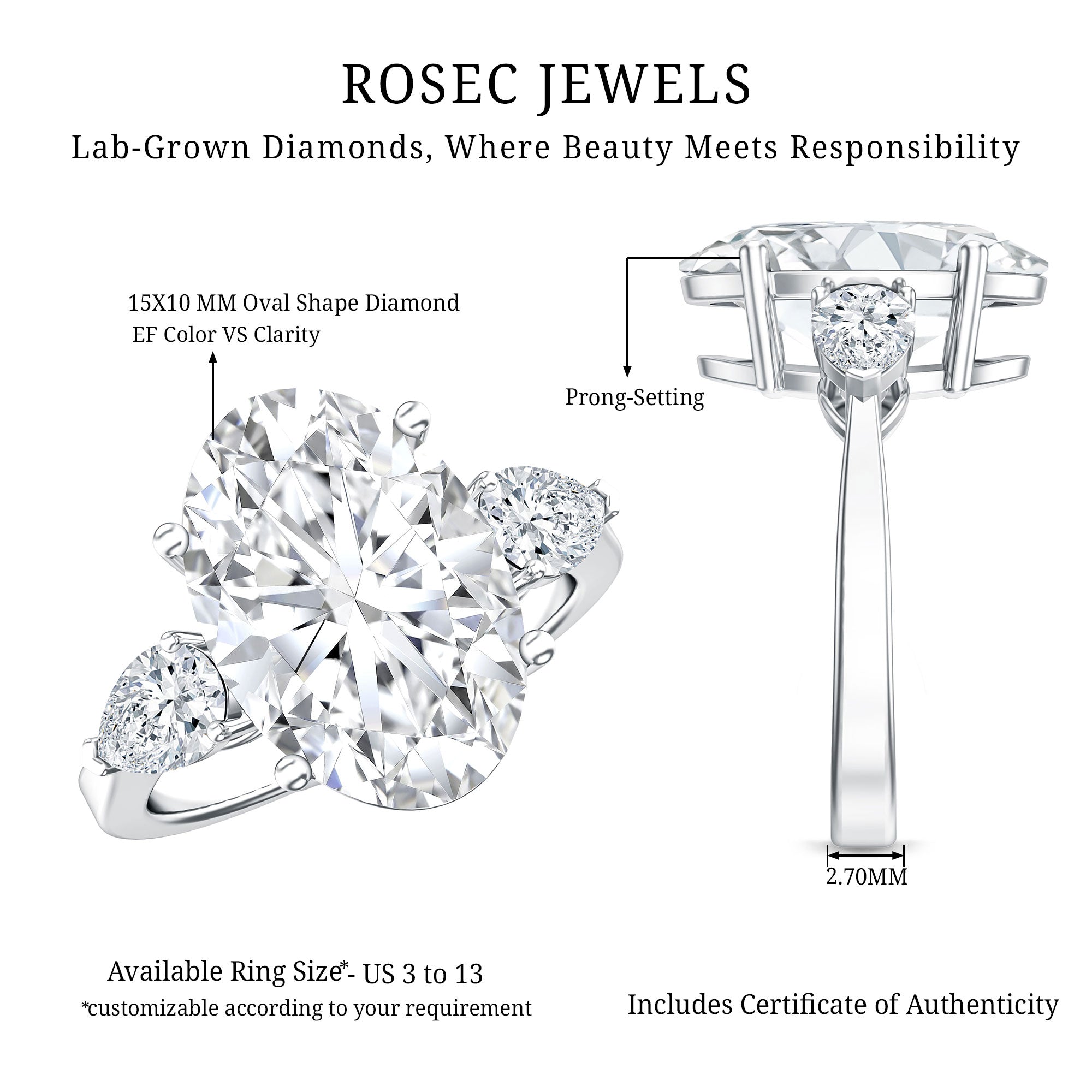 Rosec Jewels-IGI Certified 5 Carat Oval Lab Grown Diamond Big Engagement Ring with Pear Side Stones