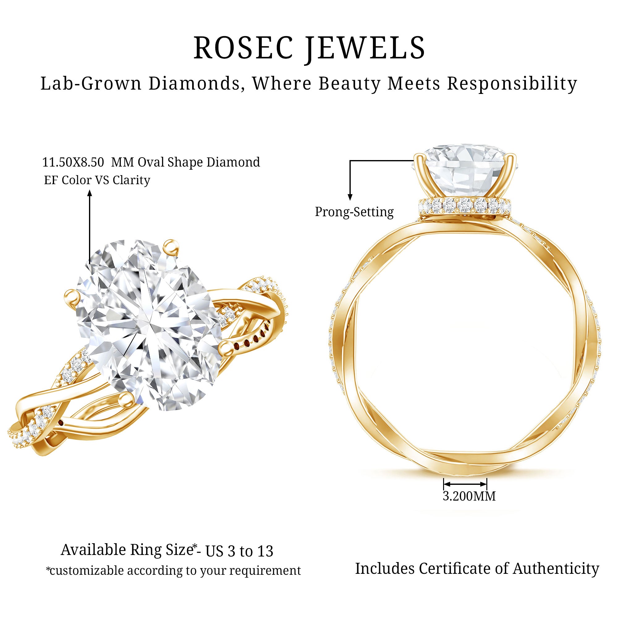Rosec Jewels-IGI Certified Oval Shape Lab Grown Diamond Infinity Band Engagement Ring 3 Carat