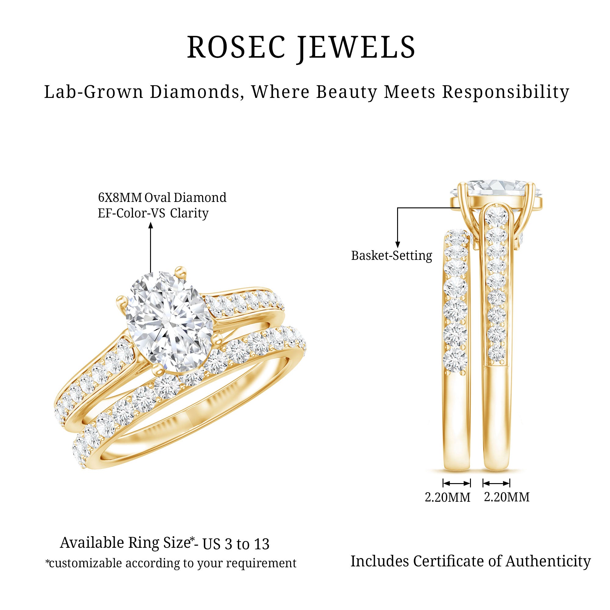 Rosec Jewels-Oval Shaped 1 Carat Lab Grown Diamond Bridal Ring Set with IGI Certificate