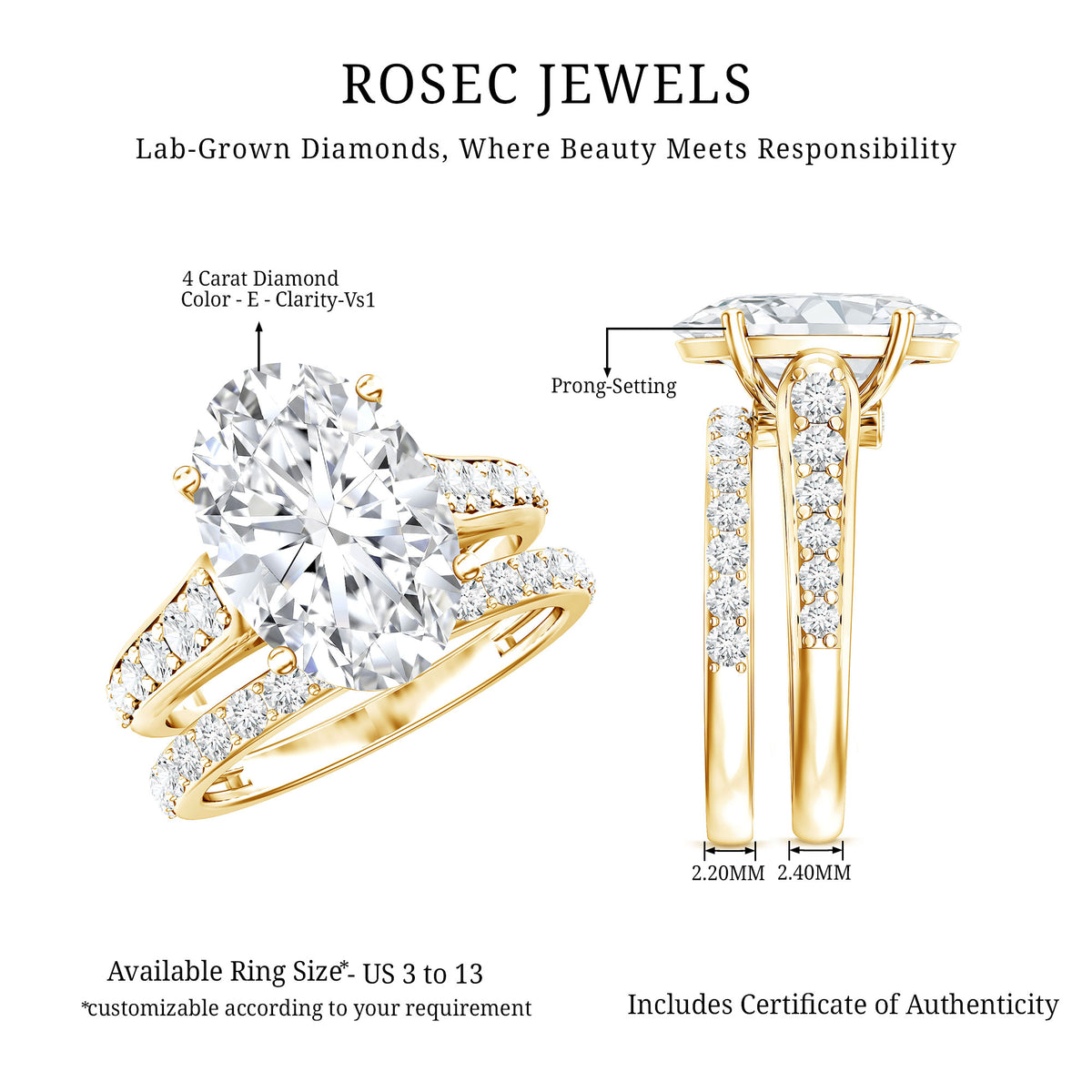 Rosec Jewels-IGI Graded 4 Carat Lab Grown Diamond Oval Wedding Ring Set for Women