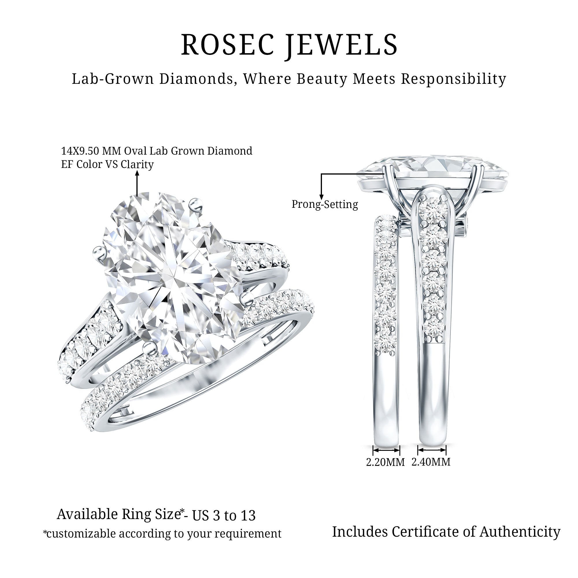 Rosec Jewels-IGI Certified Lab Grown Diamond 5 Carat Oval Engagement Ring with Wedding Band