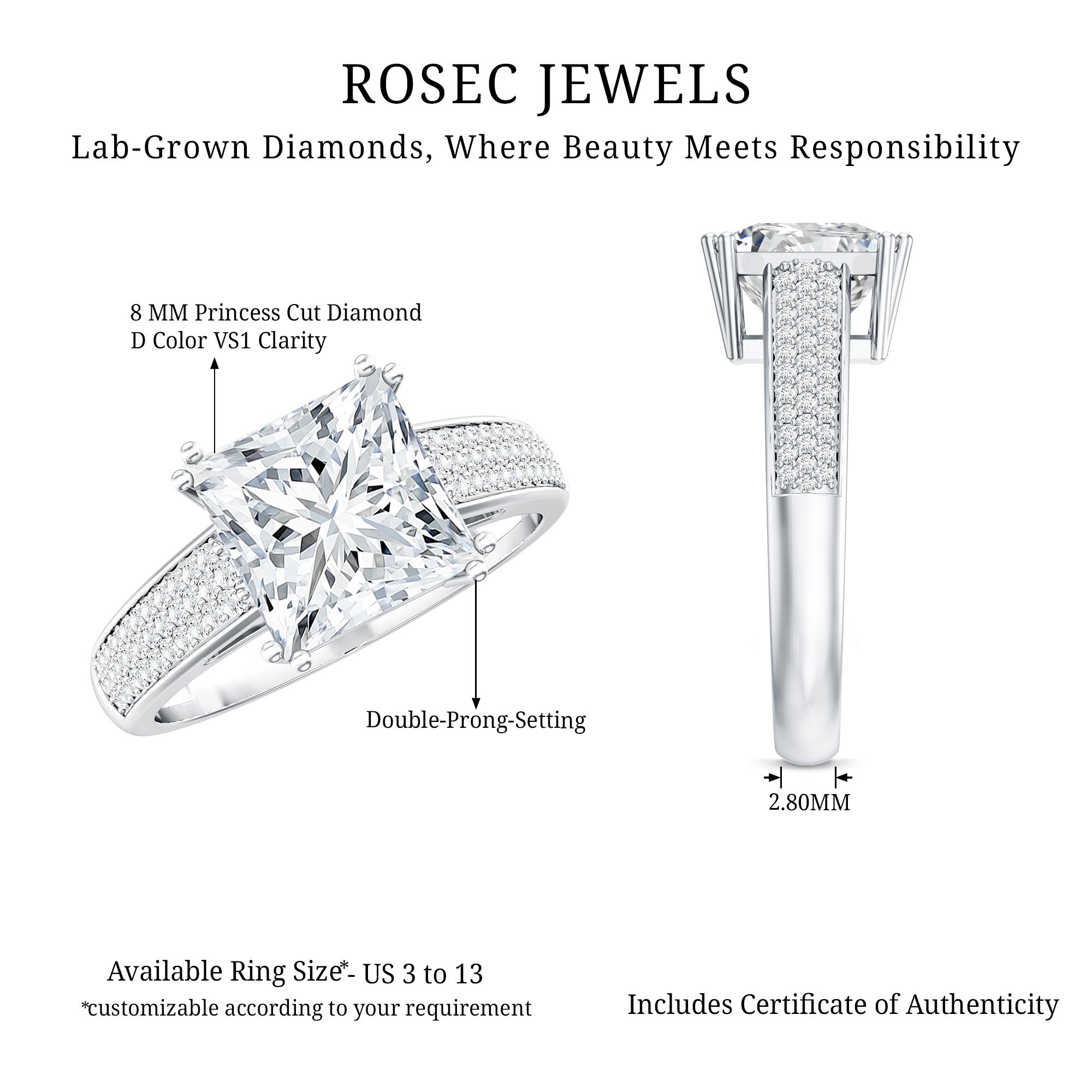 Rosec Jewels-IGI Certified Princess Cut Lab Grown Diamond 4 Carat Engagement Ring with Side Stones