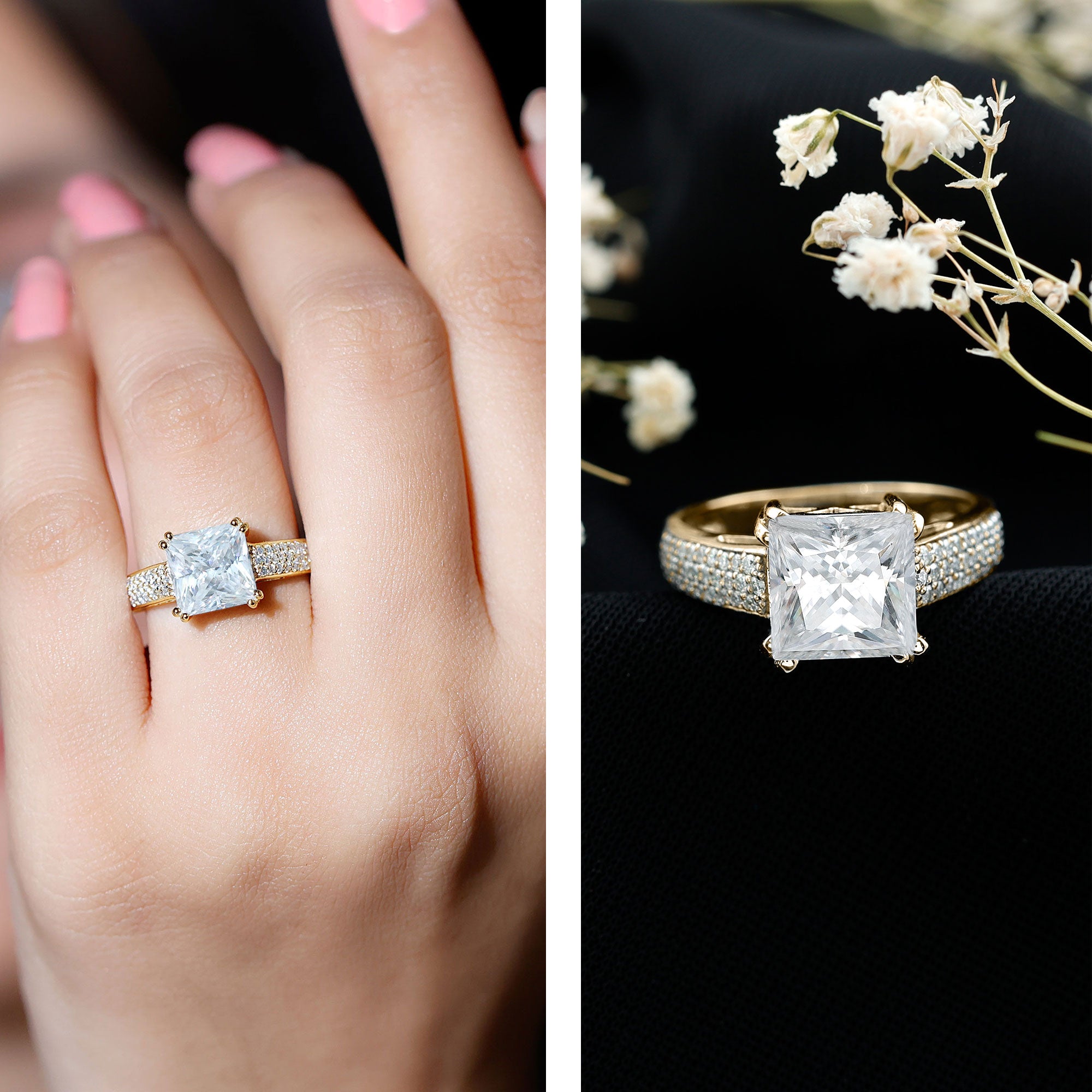 Rosec Jewels-IGI Certified 3 Carat Princess Cut Lab Grown Diamond Engagement Ring with Side Stones