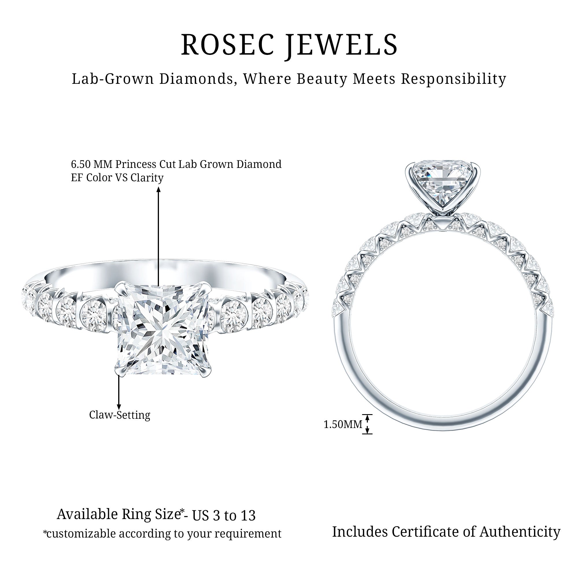 2 Carat IGI Certified Lab Grown Diamond Princess Cut Engagement Ring Lab - ( E-VS1 ) - Rosec Jewels